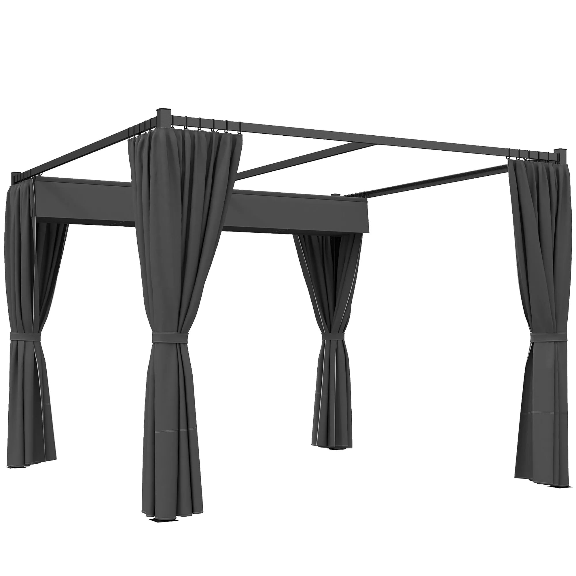 3 x 3m Metal Pergola with Retractable PU-Coated Canopy, Privacy Curtains and Ground Stakes