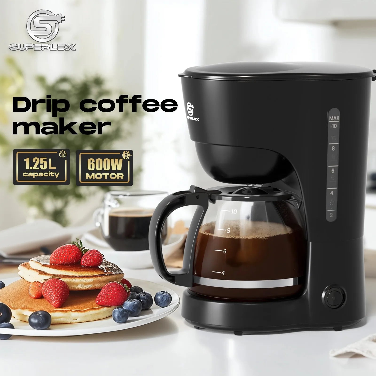 1.25L Electric Drip Coffee Maker 600W American Style with Reusable Filter Anti-Drip Function and Auto Shut-Off for Home Use