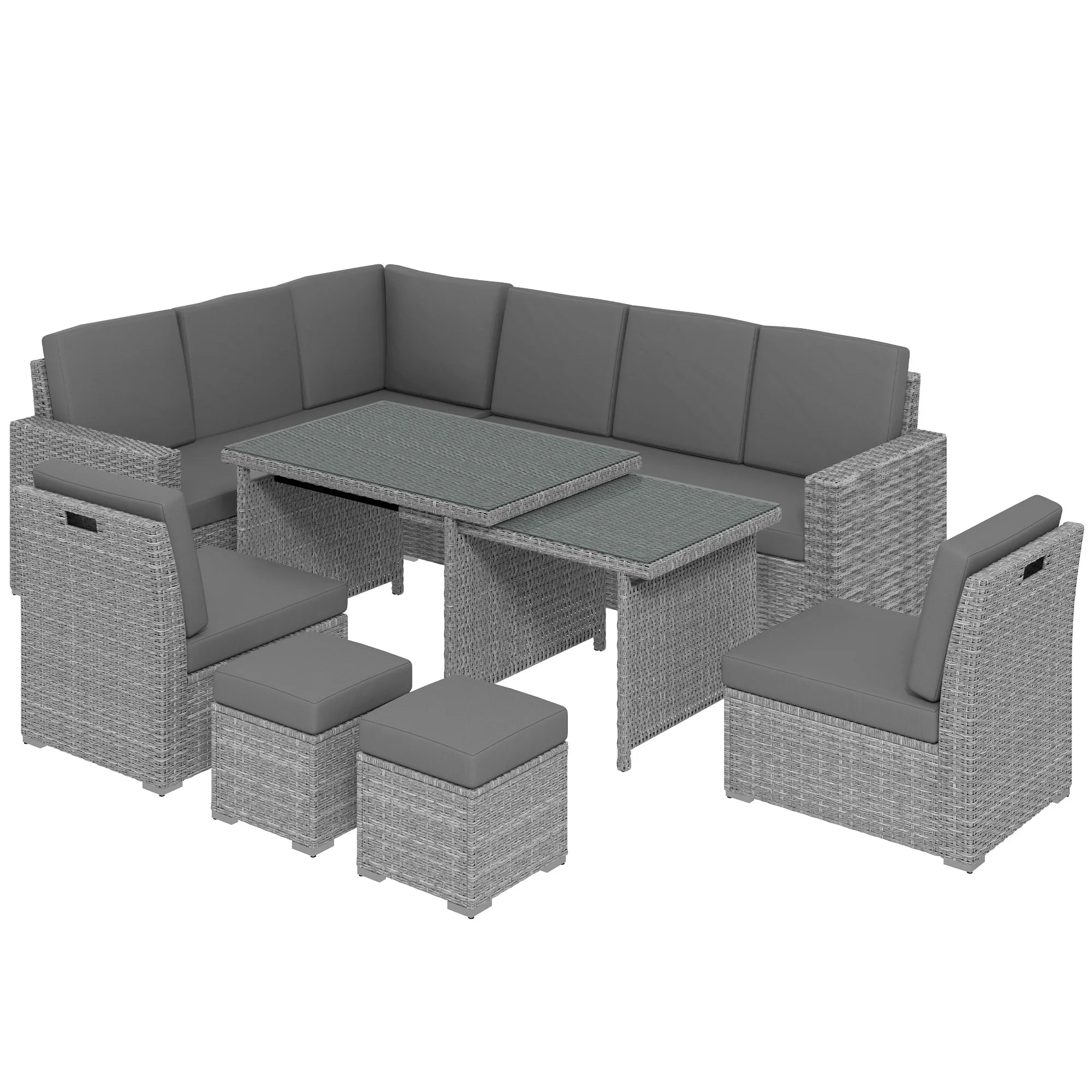 10 Seater Rattan Dining Set with Expandable Table Nesting Chairs Corner Sofa and Cushions for Garden Patio