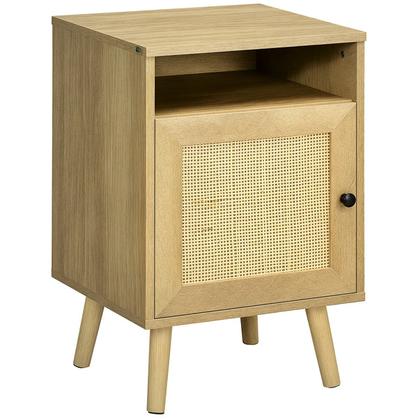 Nightstand, Rattan Bedside Table w/ Cabinet, Shelf, Natural