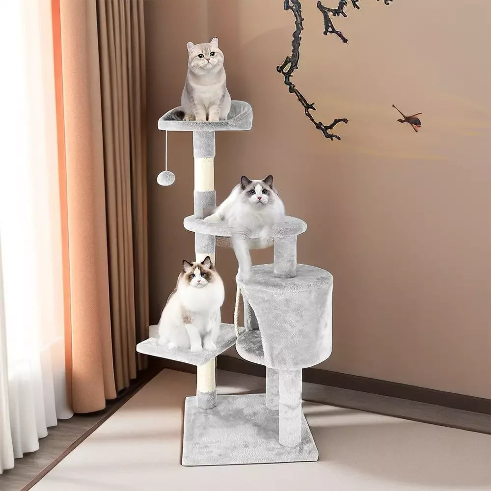 3 Tier Cat Treehouse Climbing Frame Tower Apartment 112cm Scratching Posts Platforms Cave Grey