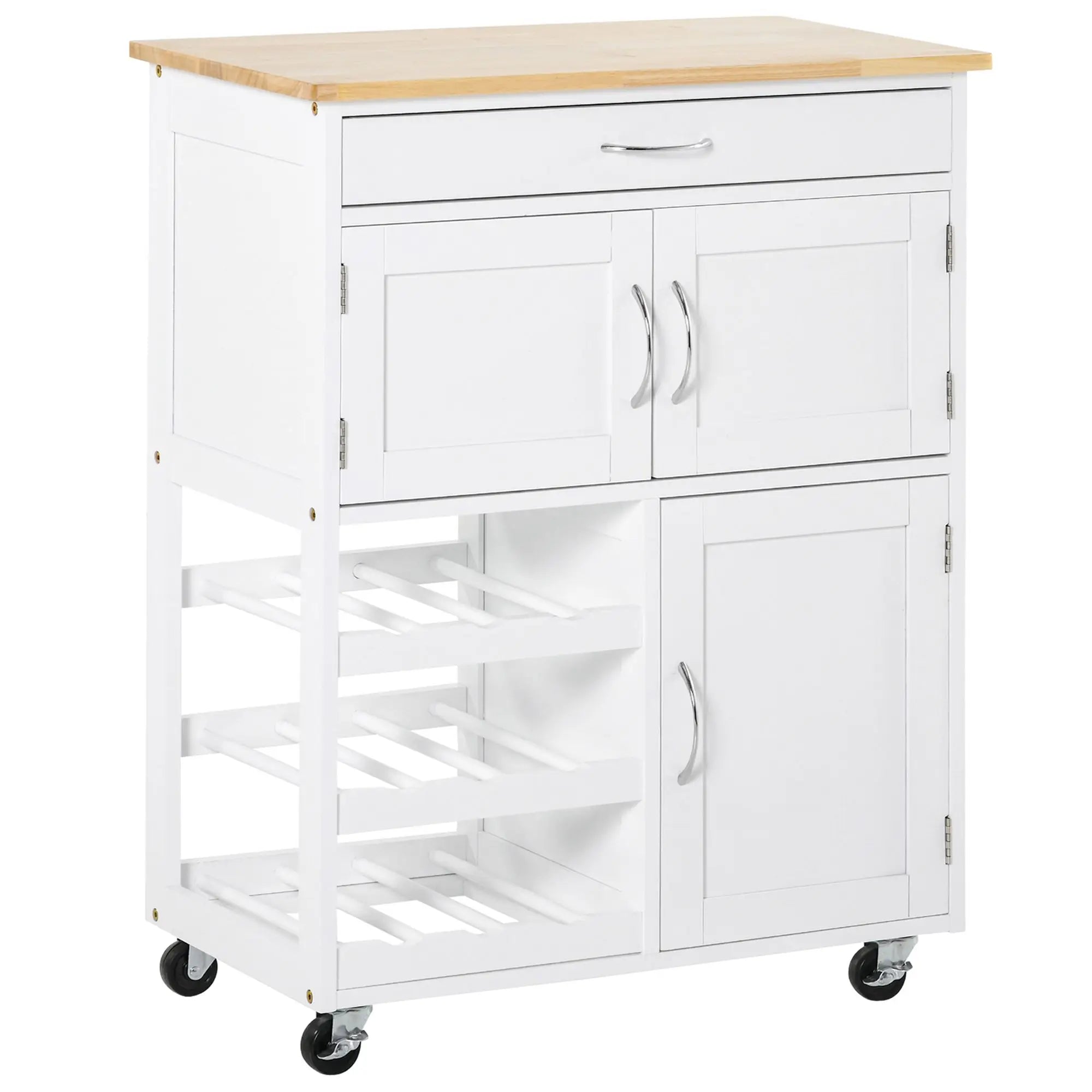 White Rolling Kitchen Island Trolley with Rubberwood Top and Wine Rack | Storage Cart with Drawer and Cabinets on Wheels