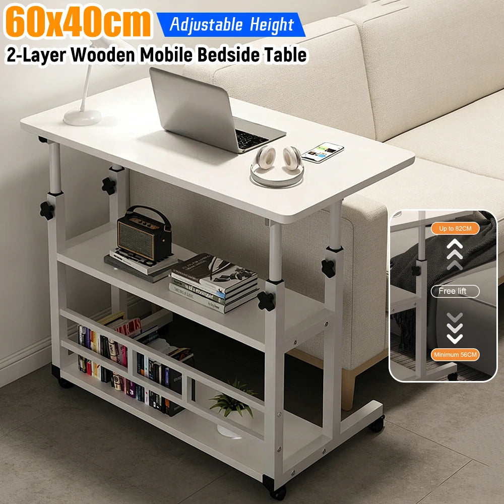 Adjustable Height Mobile Laptop Desk on Wheels with 2-Layer Storage Shelf | 60x40cm Rolling Bedside Table