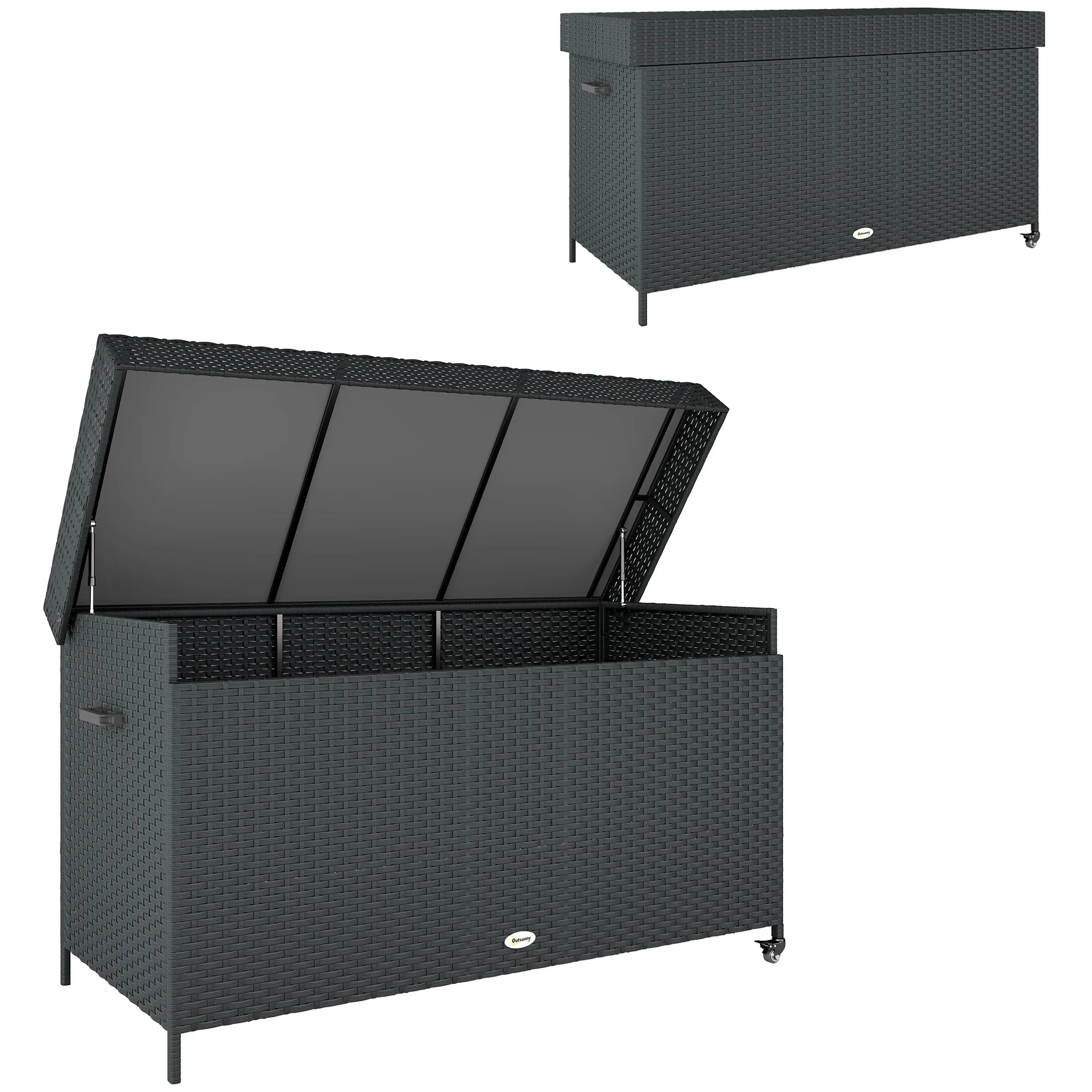 627L Rattan Outdoor Garden Storage Box with Gas Lift Lid, Wheels and Brakes