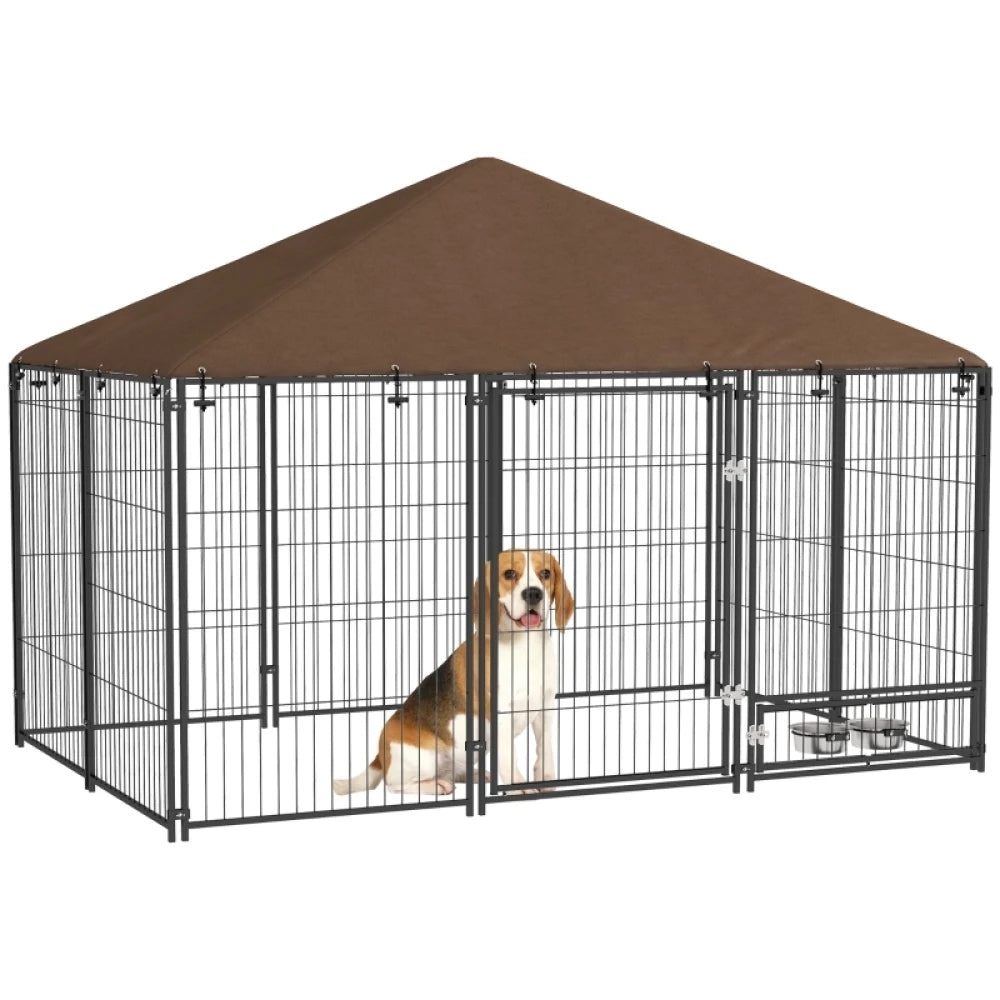 Outdoor Dog Kennel 211x141x151cm Puppy Playpen with Canopy Rotating Bowl Garden Fence Enclosure Brown
