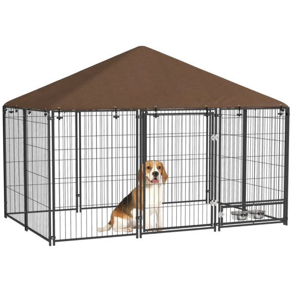 Outdoor Dog Kennel 211x141x151cm Puppy Playpen with Canopy Rotating Bowl Garden Fence Enclosure Brown