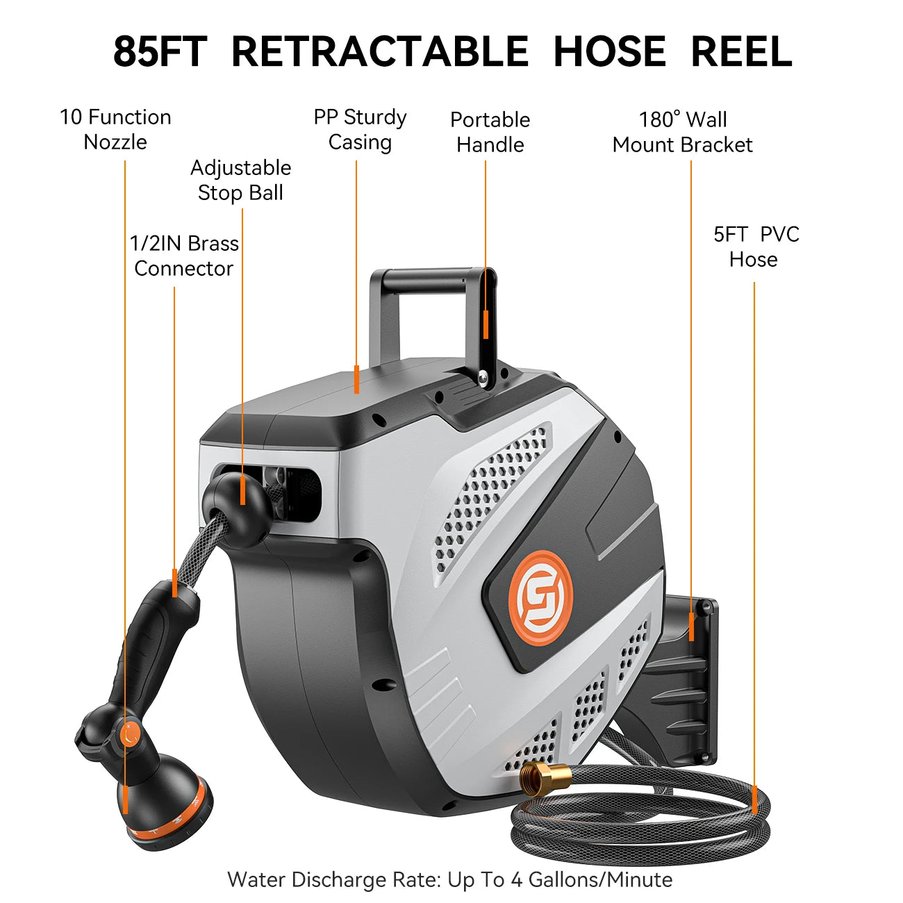 50ft Heavy Duty Wall Mounted Retractable Garden Hose Reel Brass Fittings 10 Sprayer Nozzles Auto Rewind Grey