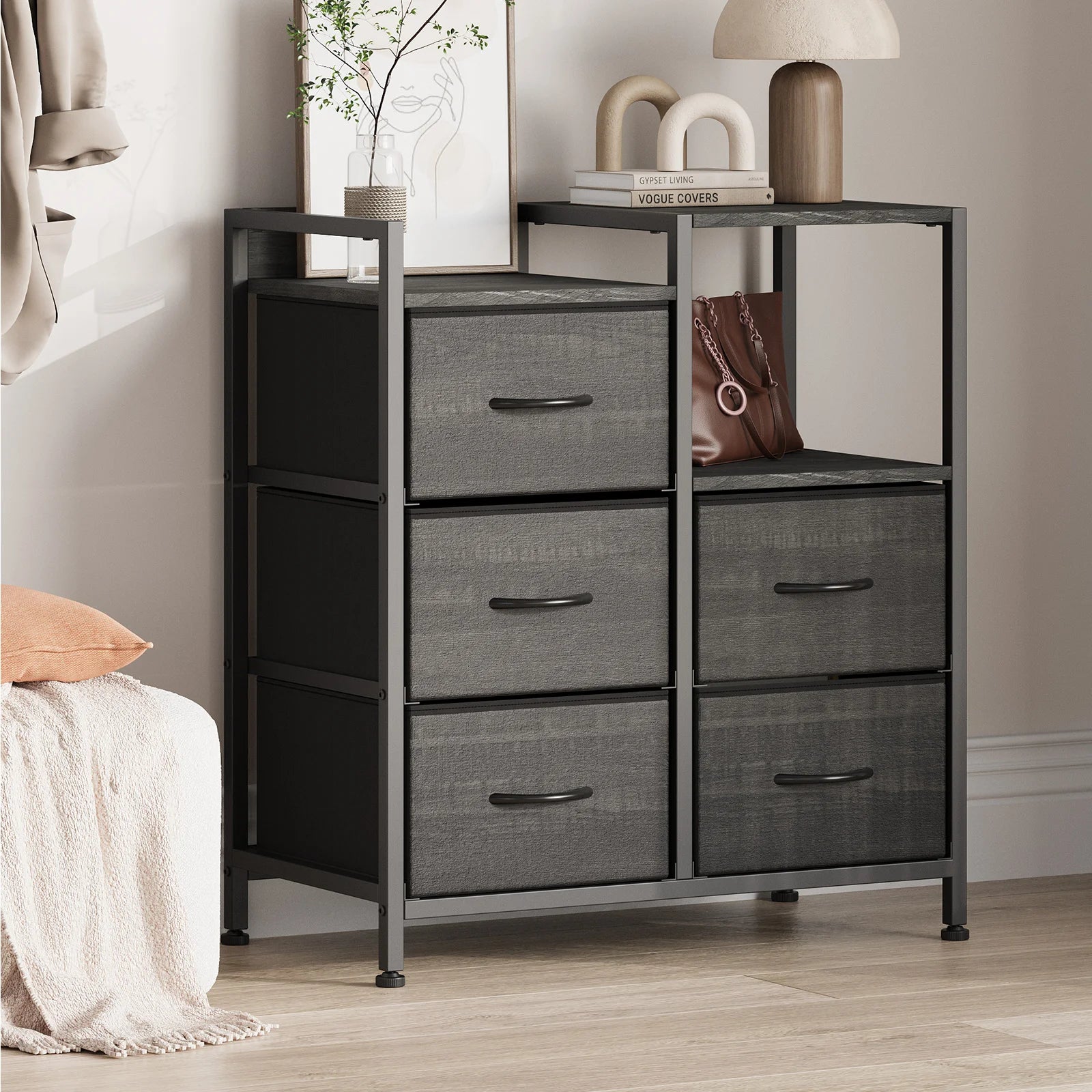 5 Drawer Fabric Storage Cabinet with Open Shelves Metal Frame Wheels for Bedroom Office Hallway Living Room