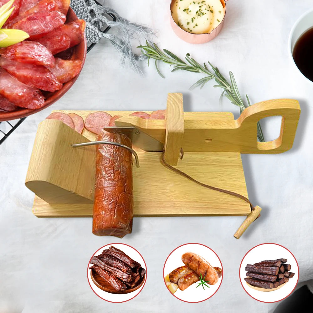 Manual Stainless Steel and Wood Sausage Slicer with Handle | Meat Vegetable Fruit Slicing Tool for Kitchen