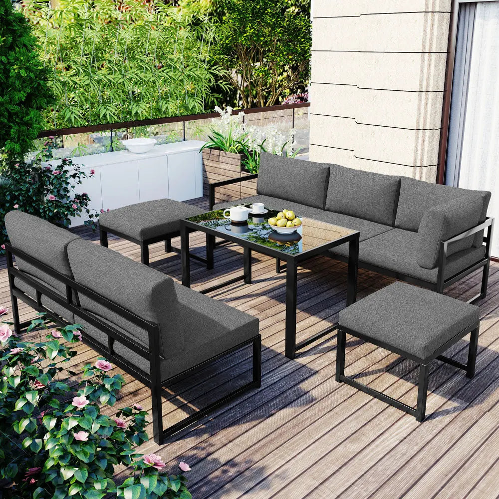Outdoor Garden Lounge Sofa Set with Reclining Function, Table, Stools and Cushions for Balcony Patio