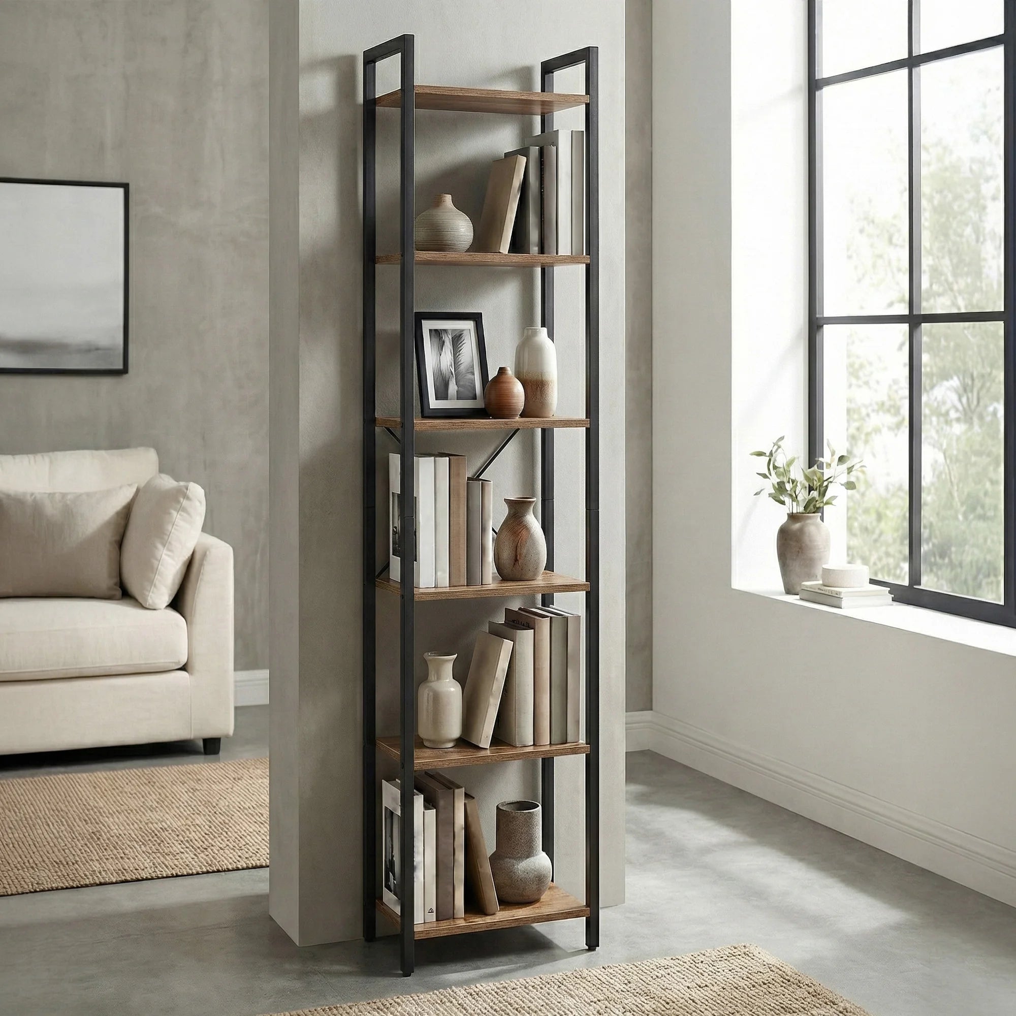 6-Tier Tall Narrow Bookshelf 187cm with Steel Frame | Slim Brown and Black Bookcase for Living Room Study
