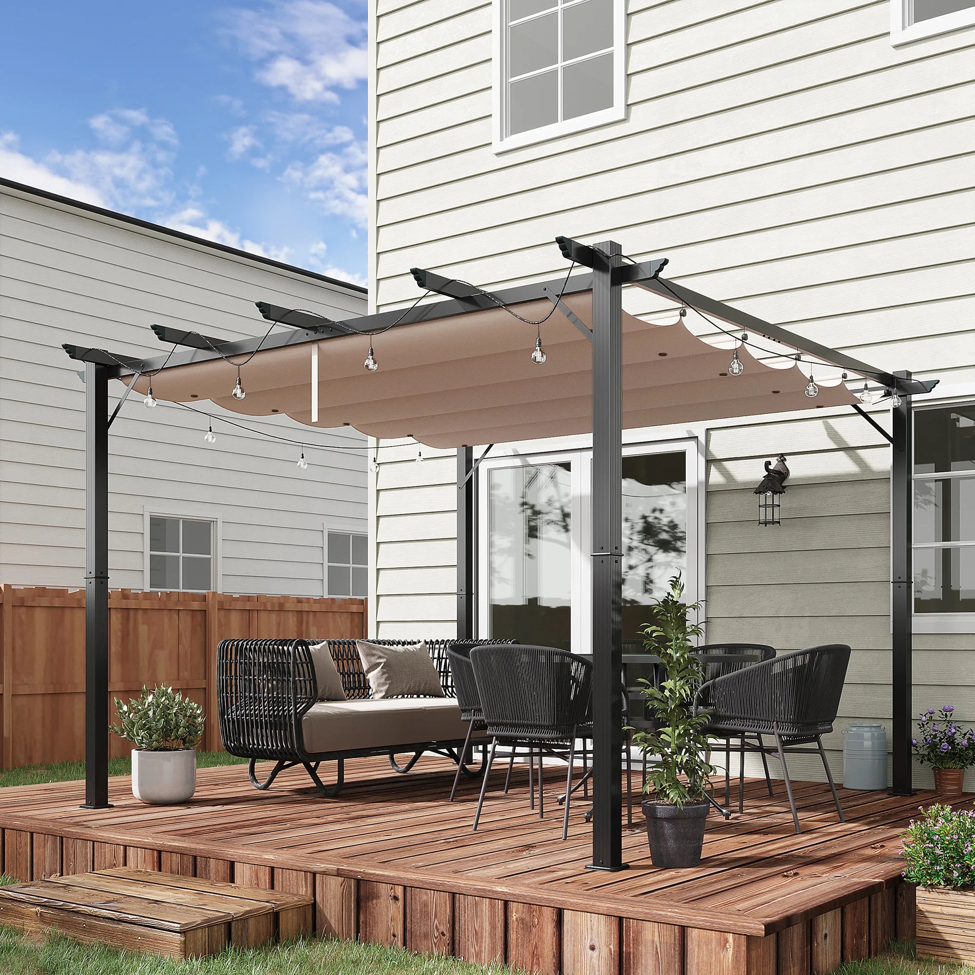 3 x 3m Aluminium Pergola Gazebo with Retractable Canopy, UV-Resistant PA-Coated Polyester and Ground Stakes