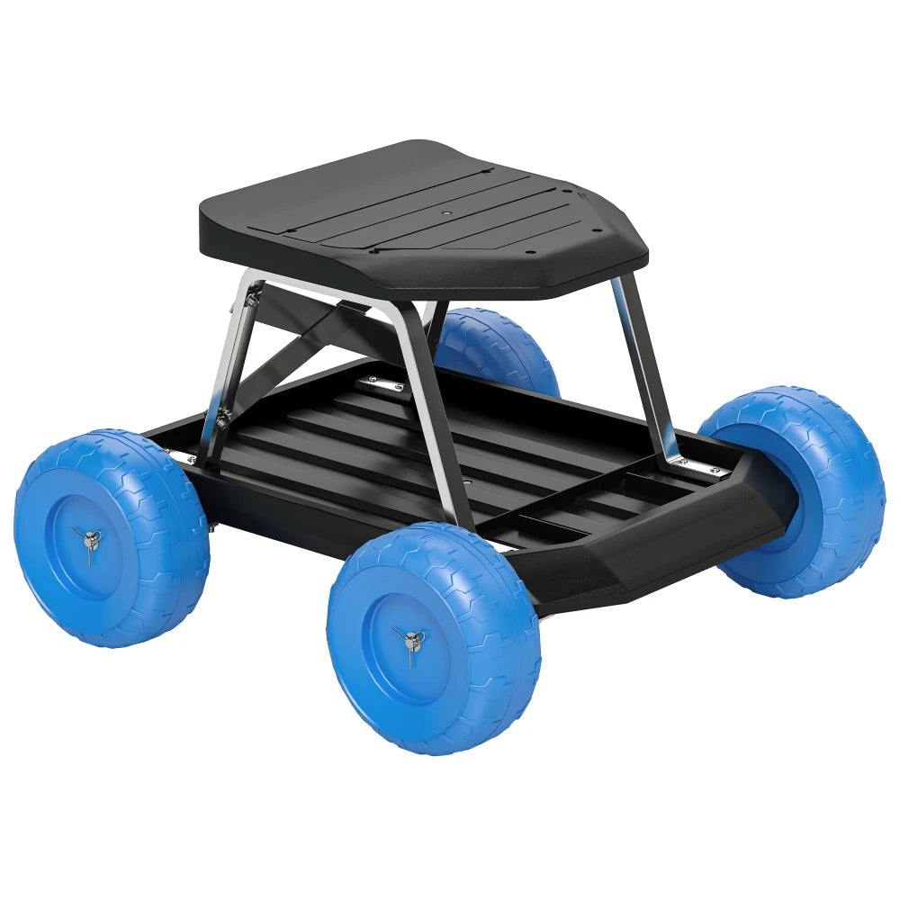 Garden Cart Rolling Stool 50x49x32cm with Tool Tray 130kg Capacity Wide Wheels for Weeding Planting Blue