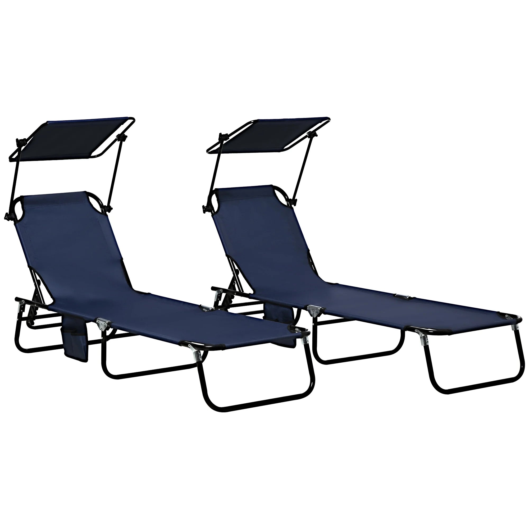 Set of 2 Folding Sun Loungers with Canopy, 5-Position Recline, Side Pocket and Breathable Mesh Fabric