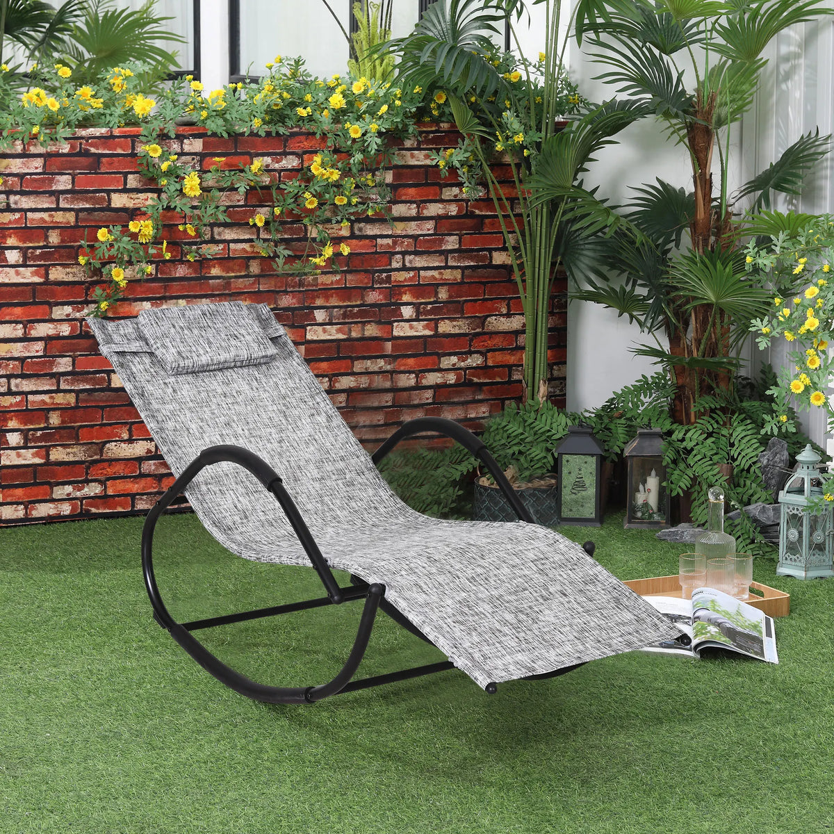 Patio Texteline Rocking Lounge Chair, Zero Gravity Recliner Seat with Padded Pillow, Grey