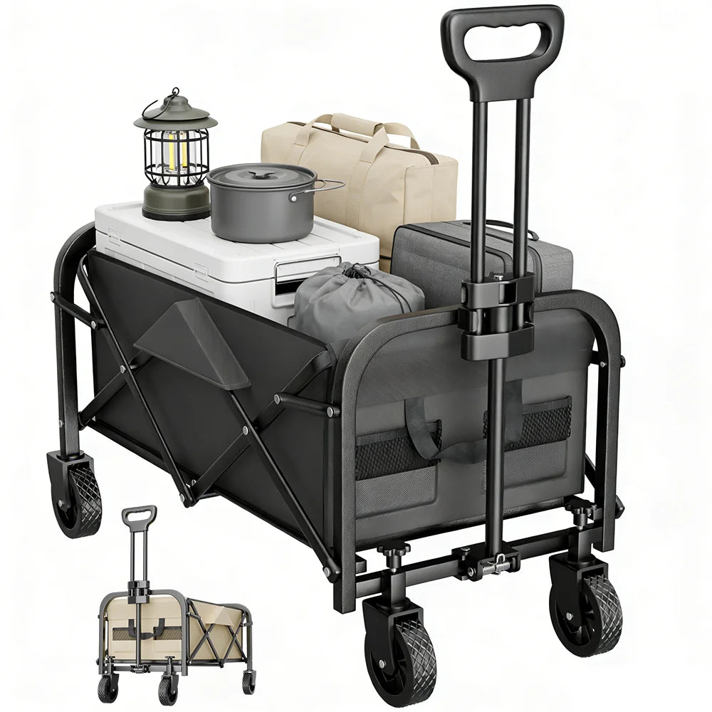 Foldable Camping Wagon Cart 100kg All-Terrain 360° Wheels Adjustable Handle Storage Pockets for Garden Shopping