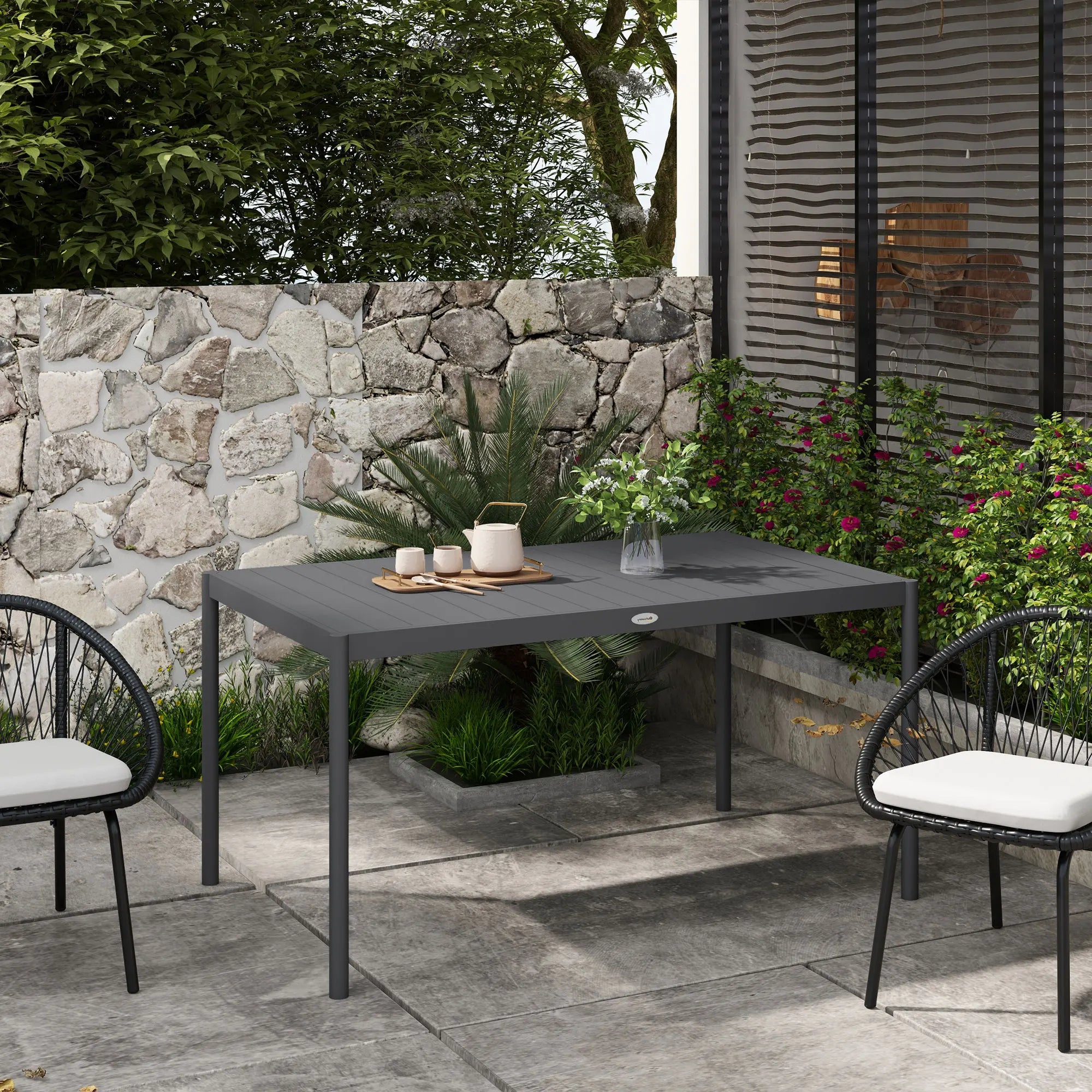 145cm Garden Dining Table Seats 6 Slatted Aluminium Top Powder Coated Steel Legs Outdoor Patio Table Dark Grey