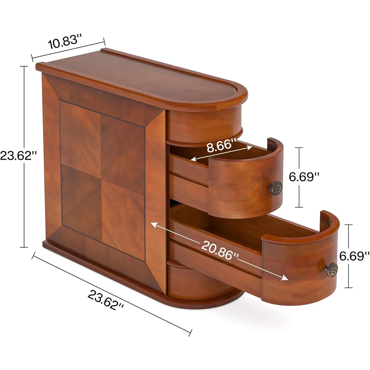 Narrow Walnut Side Table with 2 Drawers | No Assembly Slim End Table for Living Room Bedroom