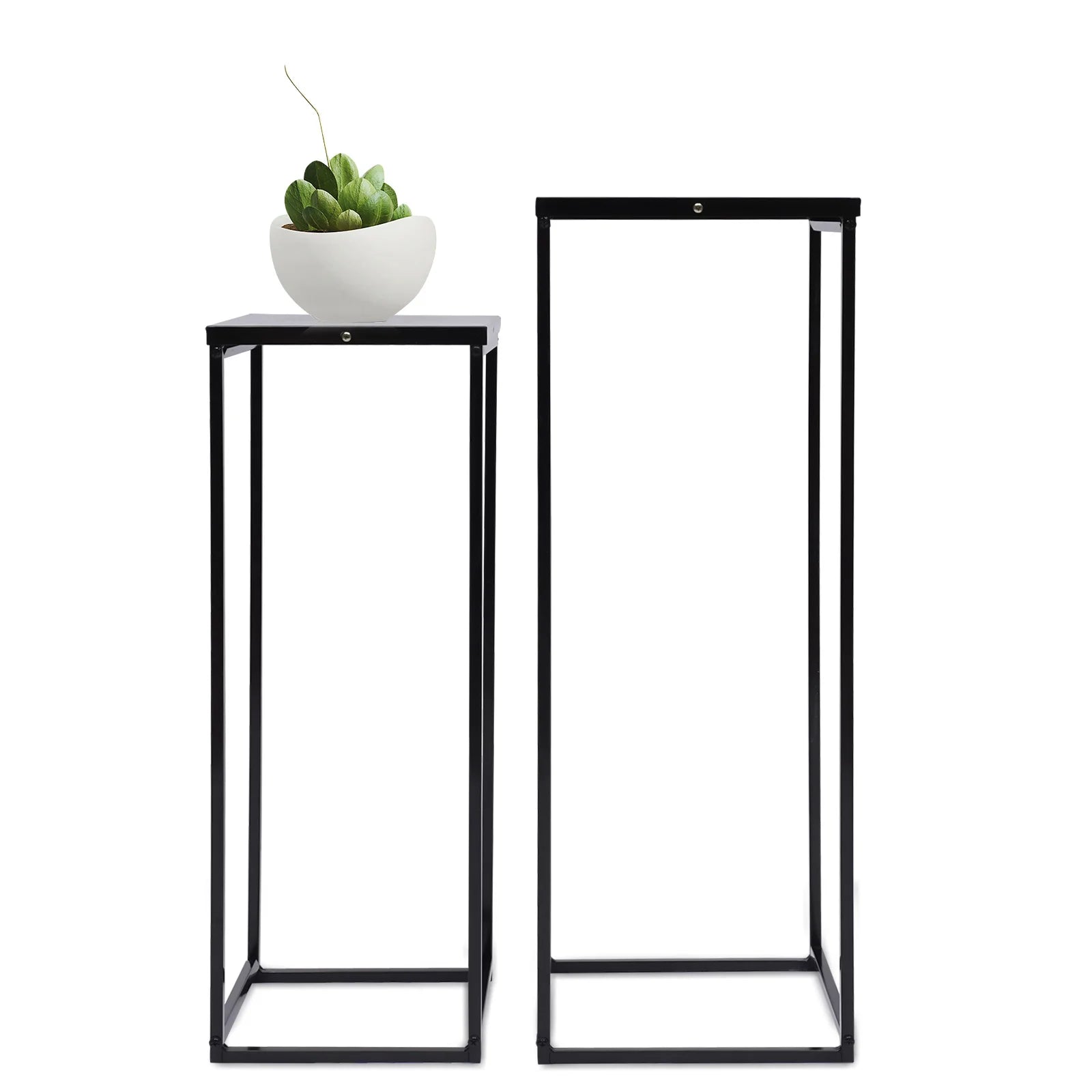 Set of 2 Black Metal Square Plant Stands 22x22x60cm and 25x25x70cm for Patio Garden Living Room Decor