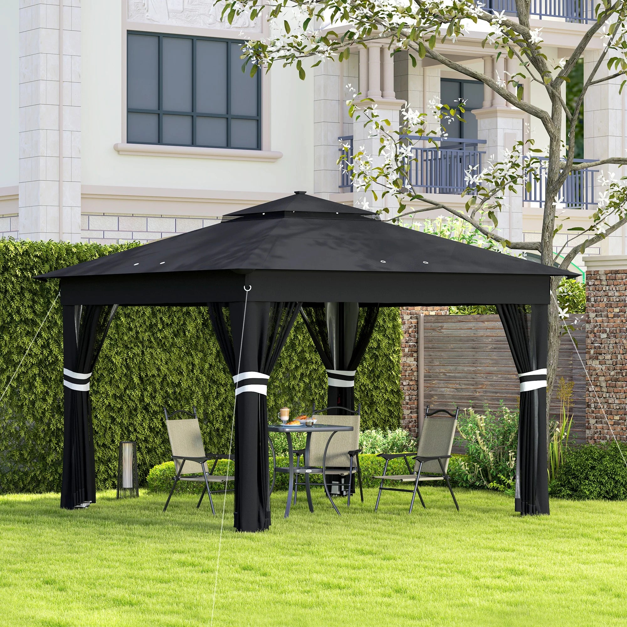 3 x 3m Pop-Up Gazebo with 20 Solar LED Lights, Mosquito Netting, Weight Bags and Wheeled Carry Bag