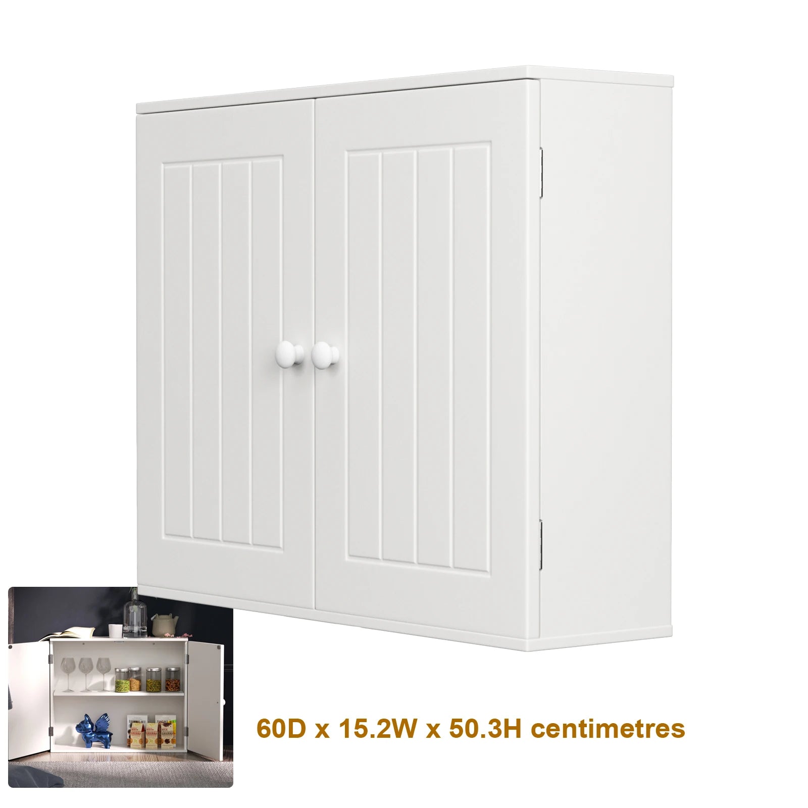 White MDF Bathroom Wall or Floor Cabinet with 2 Doors | Adjustable Shelf Storage Cupboard 60x15x51cm