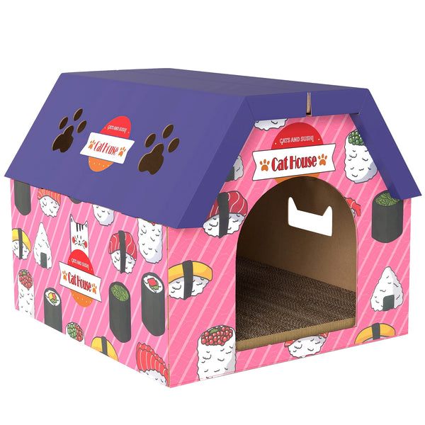 2 in 1 Cardboard Cat House and Scratching Board with 4 Paw Shaped Vents Sushi Design with Cat Grass Pink