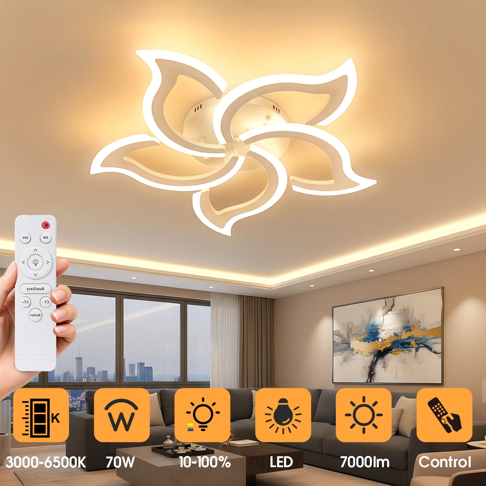 5 Head Flower LED Ceiling Light Dimmable 3000K-6500K Remote Control CRI80 for Living Room Bedroom 43-46m²