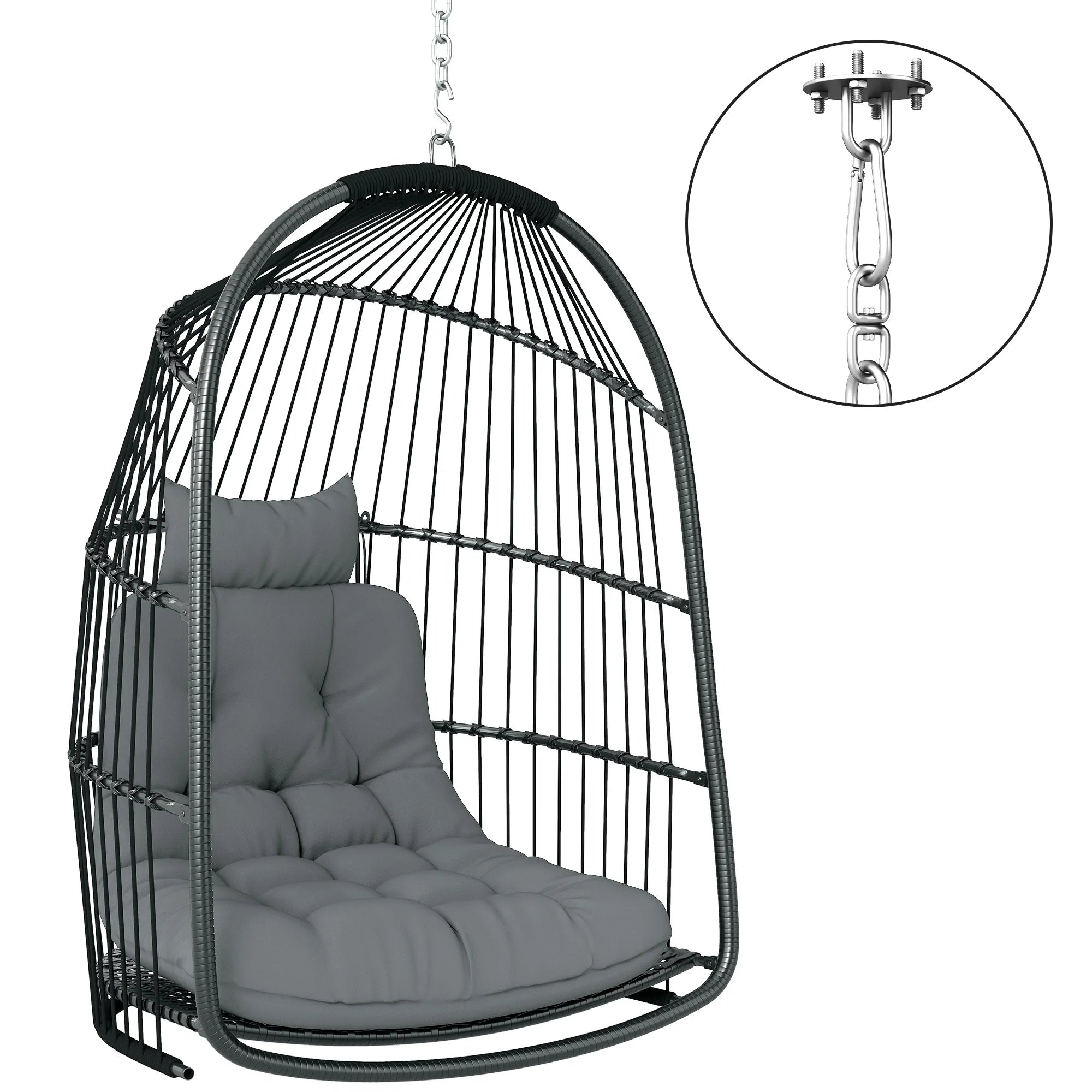 Rattan Egg Swing Chair with 10cm Cushion, 360° Swivel Hook, Foldable Basket and Installation Kit