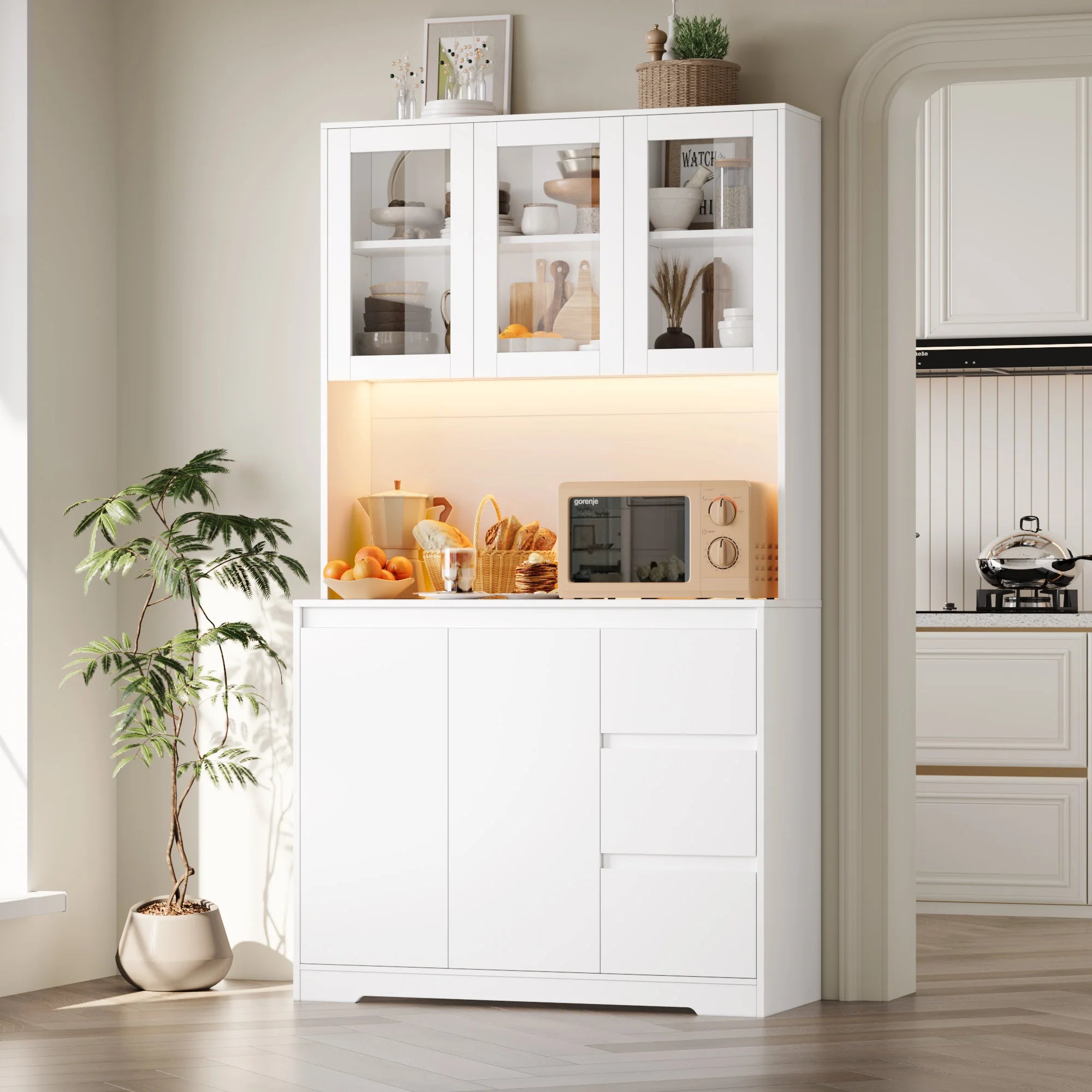 Modern Kitchen Buffet Cabinet with LED Lights & Drawers – Tall Storage Unit