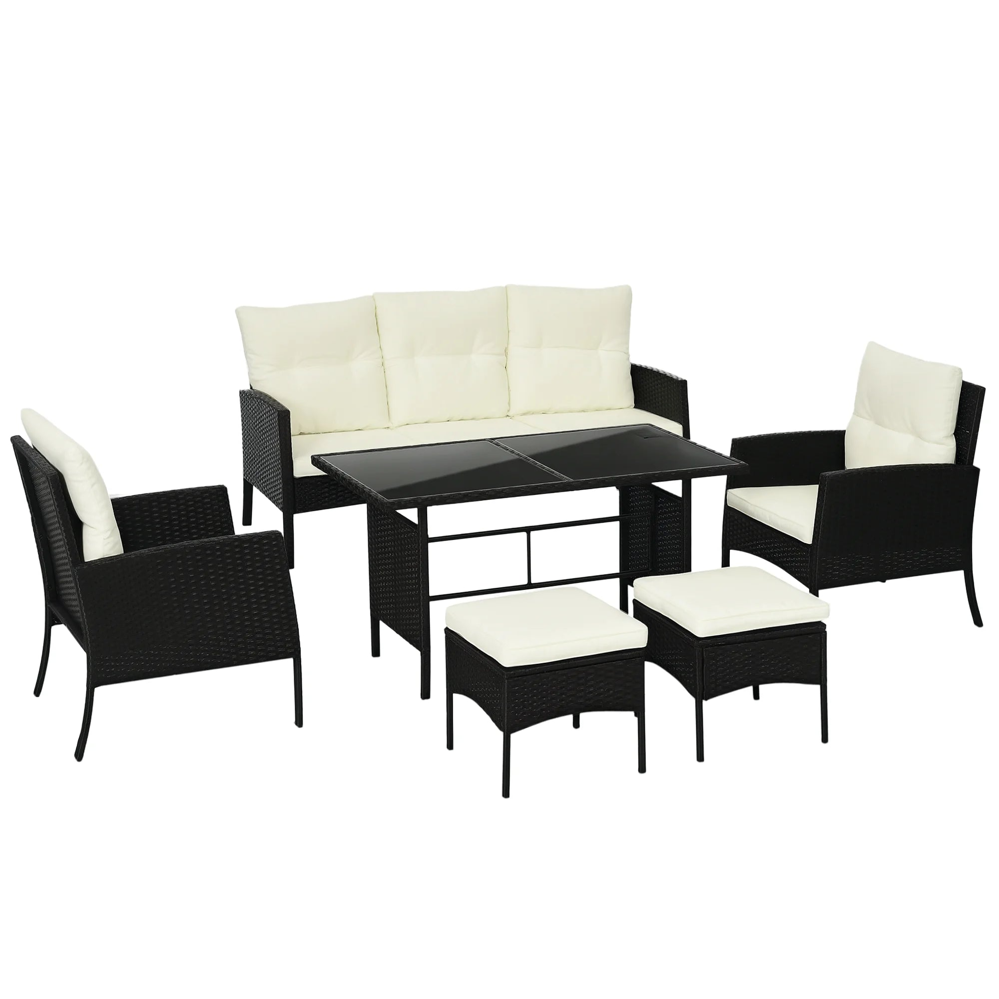 6-Piece Rattan Garden Sofa Set with 3-Seater Sofa, Armchairs, Footstools and Glass Coffee Table