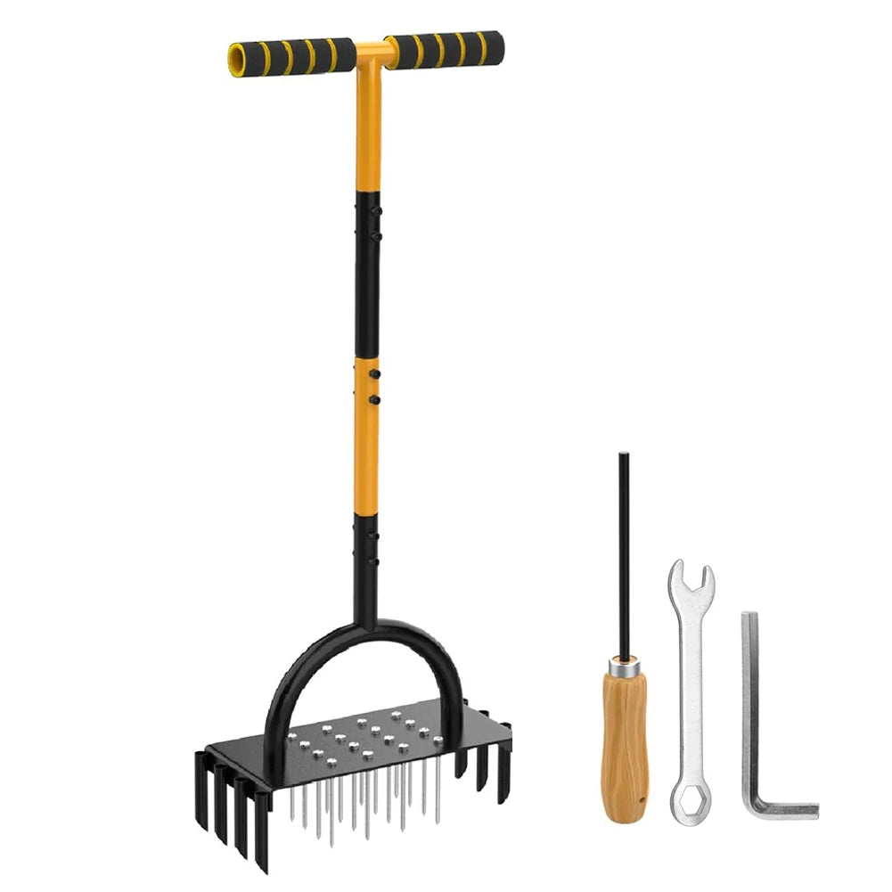 96cm T-Handle Manual Lawn Aerator 2-in-1 16 Spikes 8 Cores 24 Holes Per Step for Garden Lawn Yard Aeration