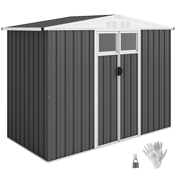 8 x 4ft Metal Garden Shed with Double Doors, Windows and Vents, Dark Grey