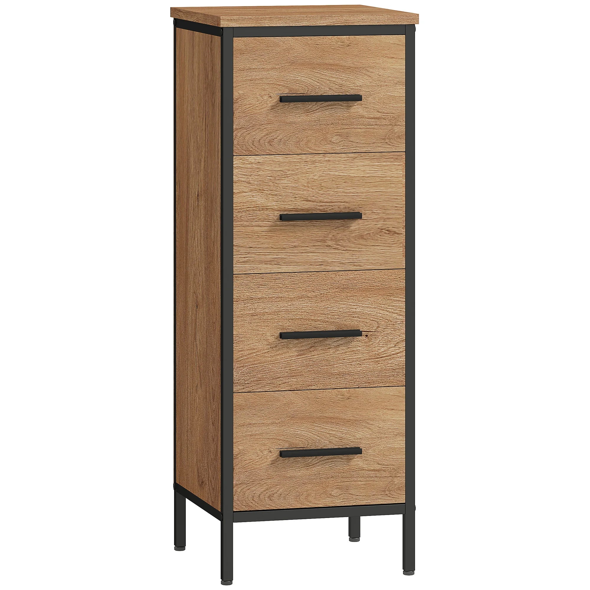 Narrow Oak Bathroom Storage Cabinet with 4 Drawers | Slim Industrial Style Organiser for Small Spaces 30x30x82cm
