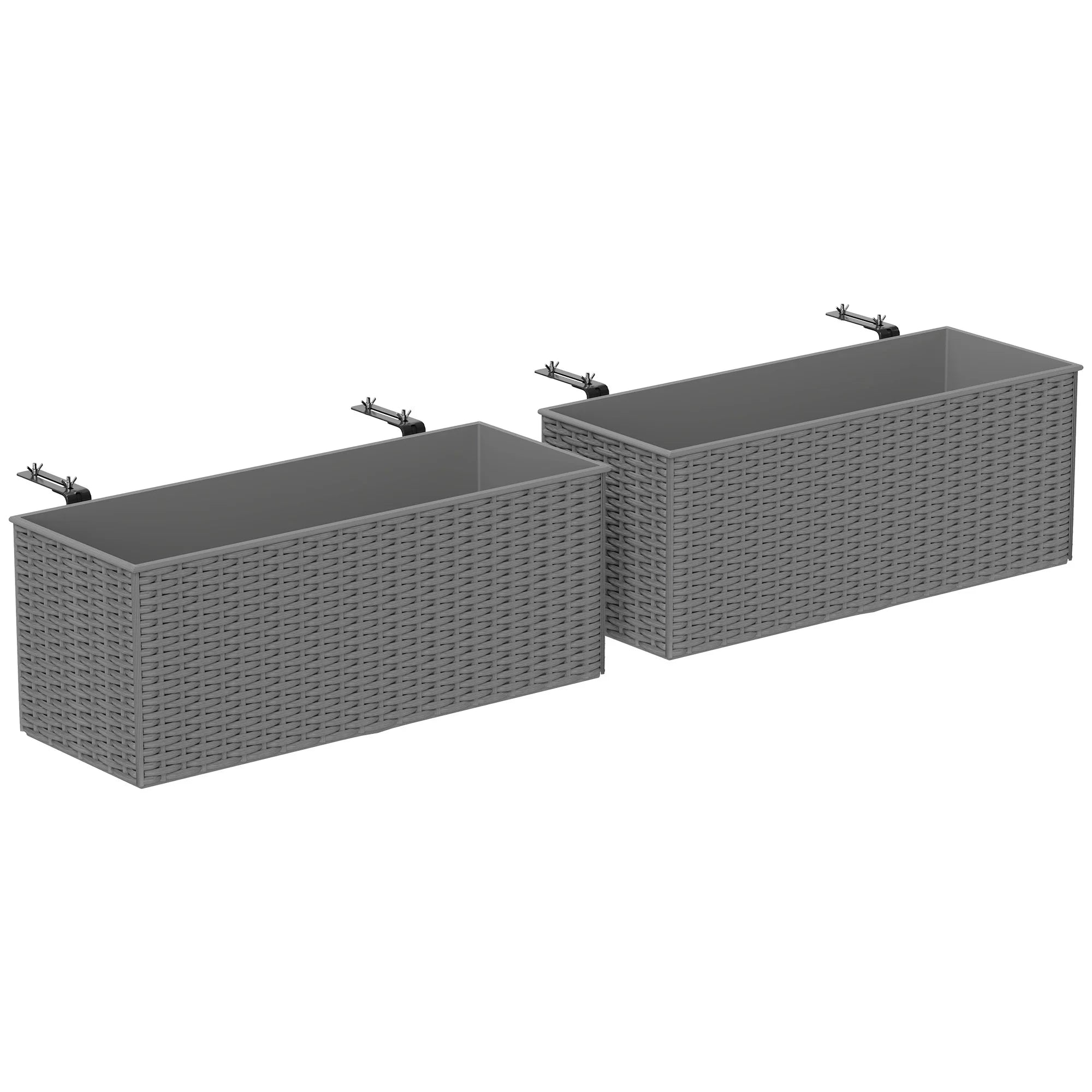 Set of 2 Hanging Flower Boxes 50cm Rattan Effect with Hooks Drainage Holes for Balcony Railing Garden Black