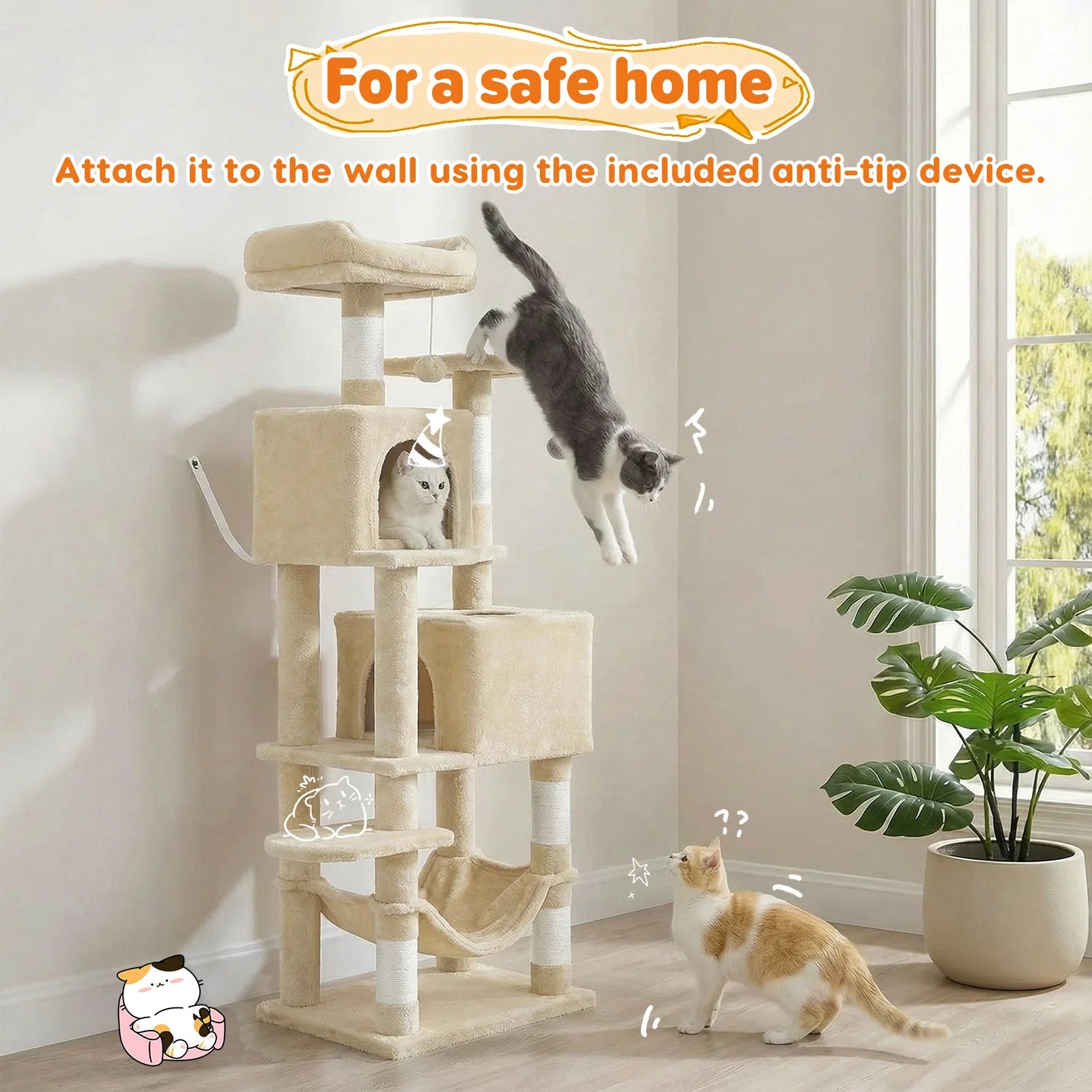 165cm Large Cat Tree Tower 7 Level Sisal Scratching Posts Hammock Padded Perches Condos for Cats