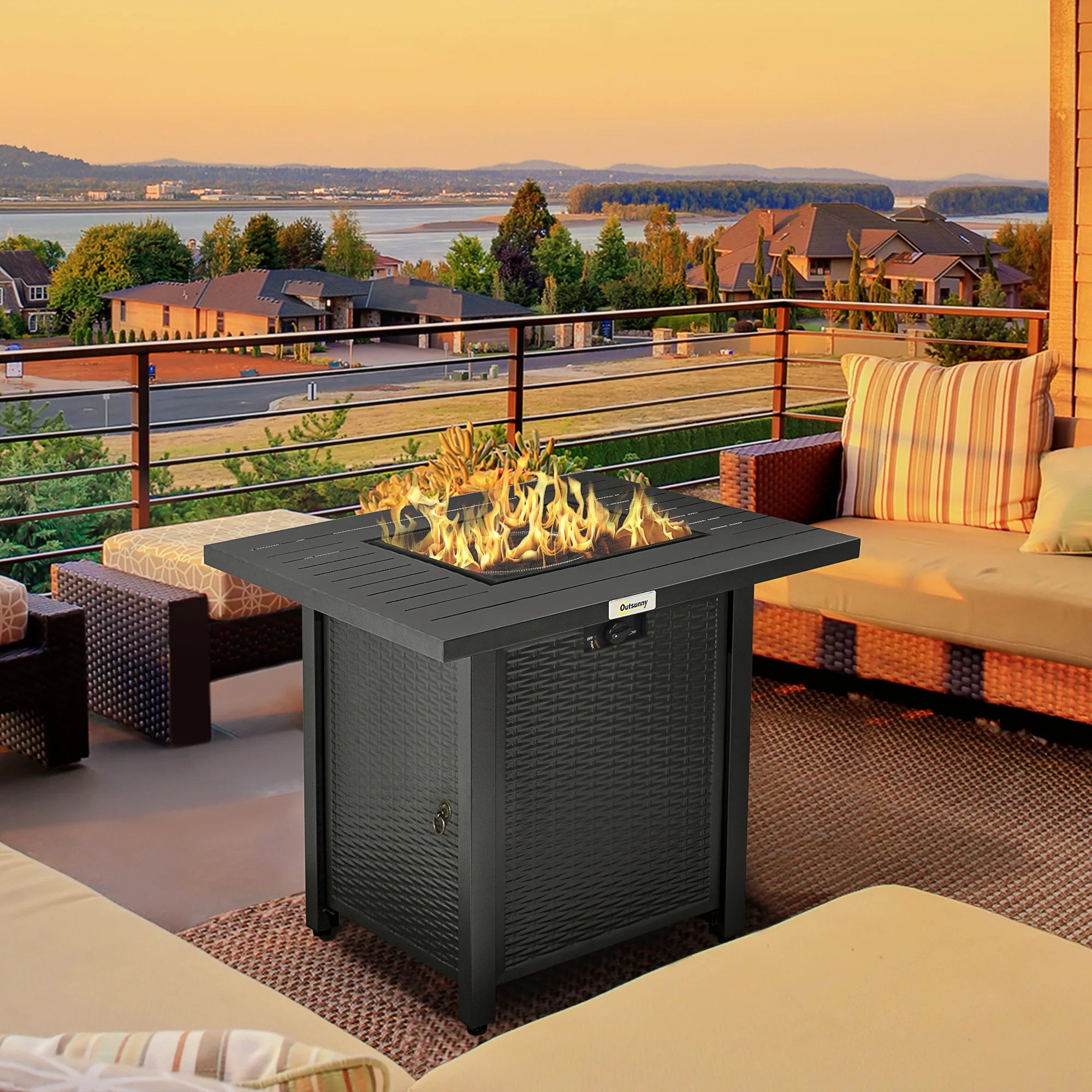 Rattan Style Propane Gas Fire Pit Table 40000 BTU Square Patio Heater with Thermocouple Mesh Guard and Rain Cover