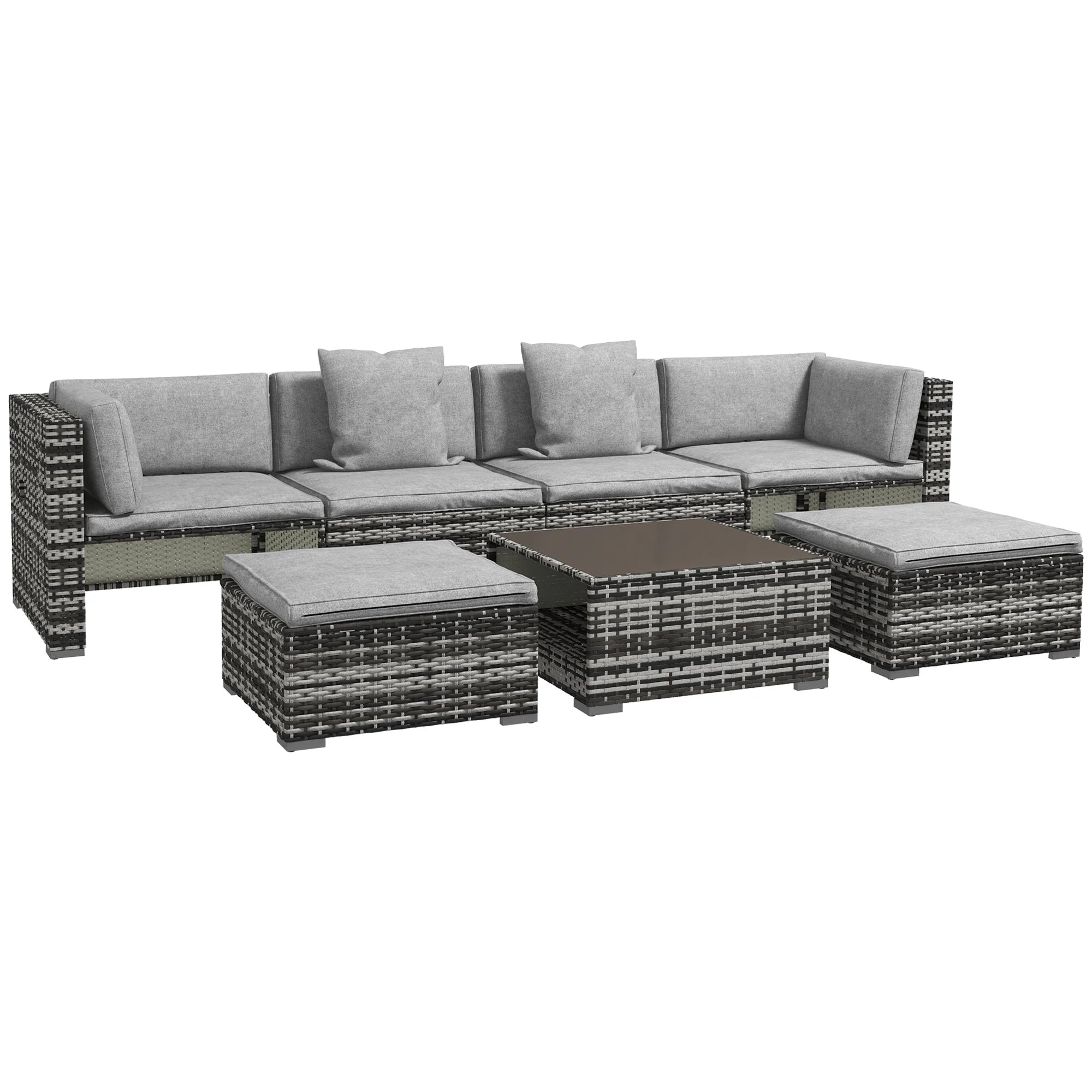 7-Piece PE Rattan Garden Sofa Set with Glass Coffee Table and Stools - Patio Furniture Set