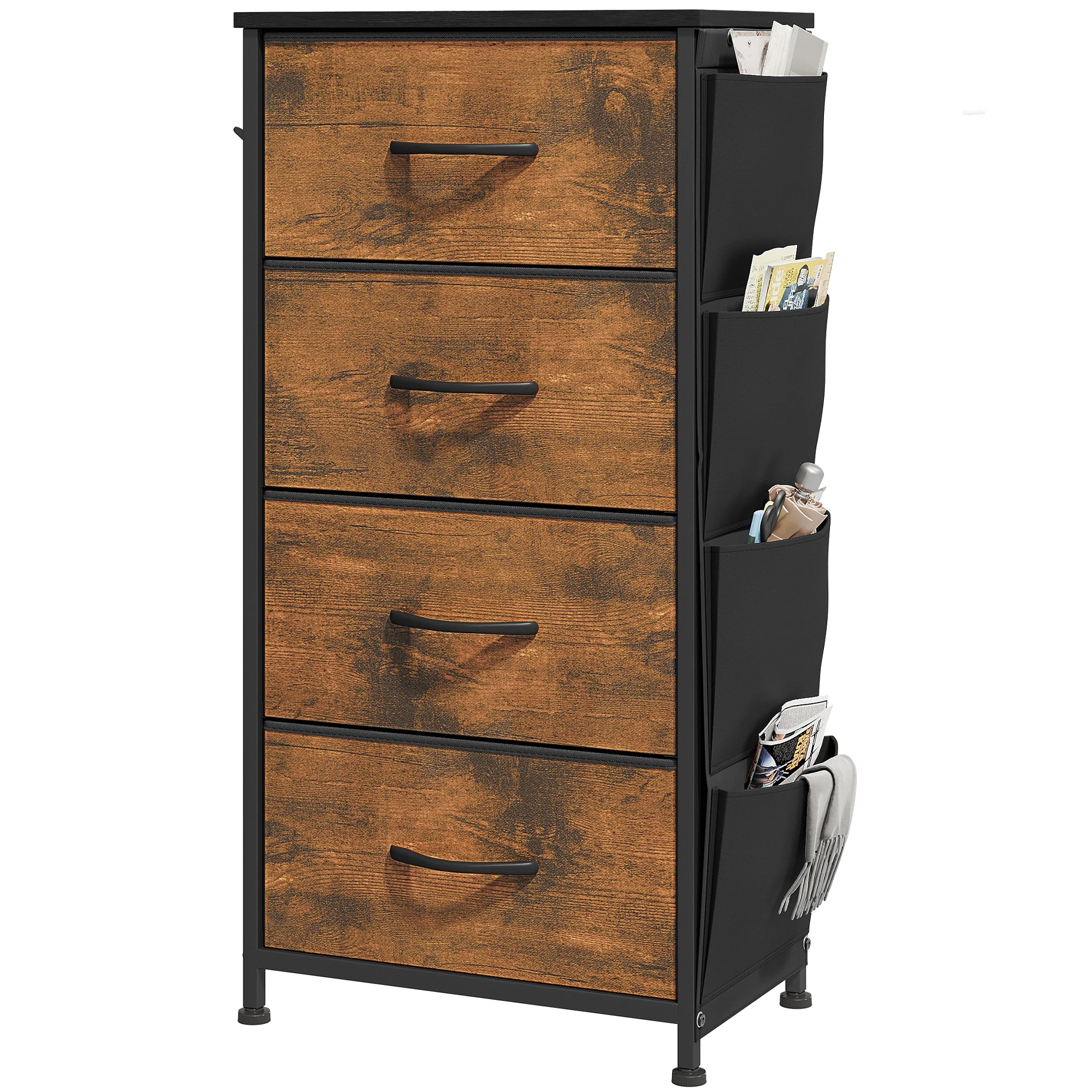 4 Drawer Fabric Dresser with Side Pockets and Hooks Storage Organizer Unit