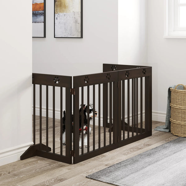 Freestanding Pet Gate 4 Panel Folding Wooden Dog Barrier w/ Support Feet