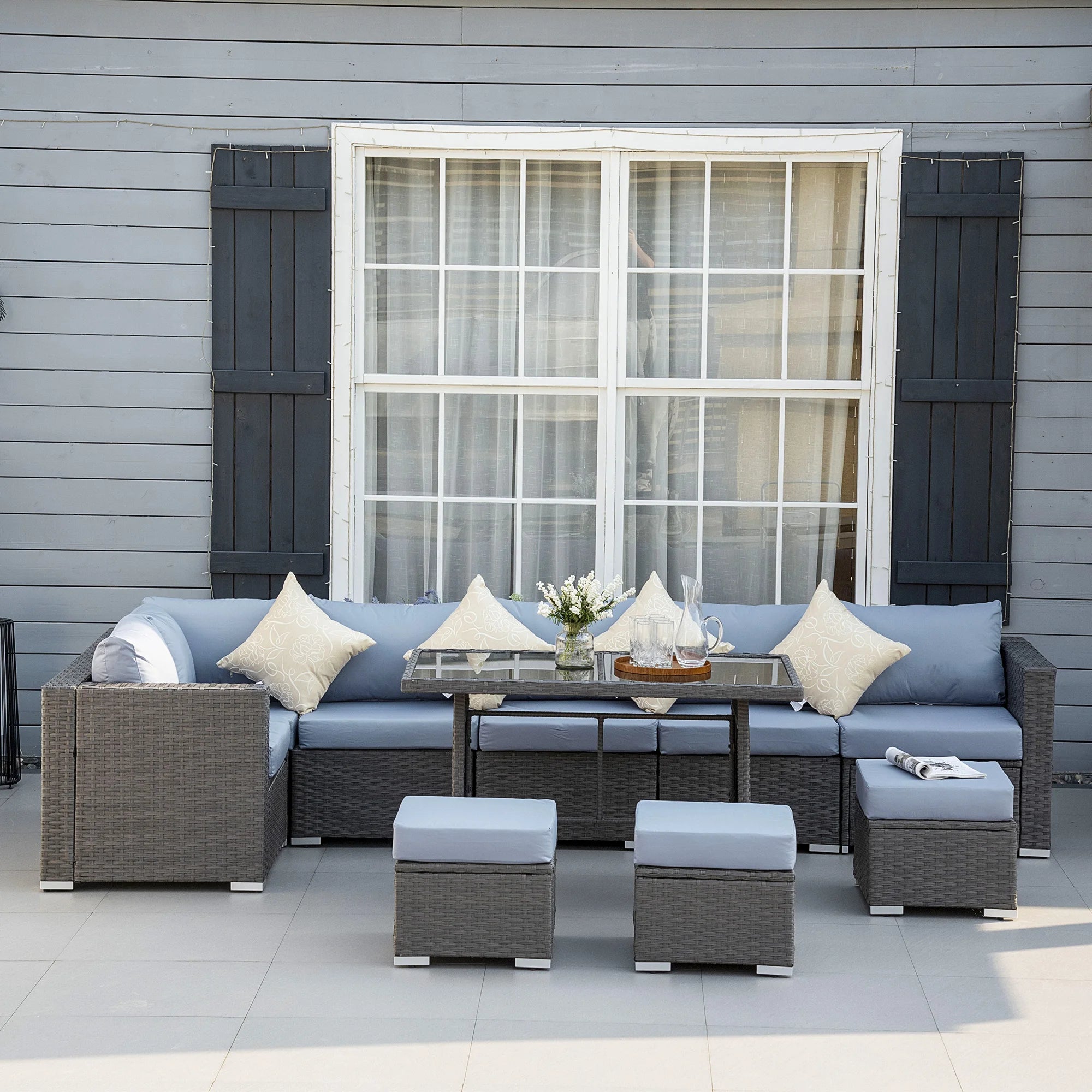 10 Piece PE Rattan Outdoor Sofa Set with 10cm Thick Cushions Tempered Glass Table and Corner Sectional Configuration