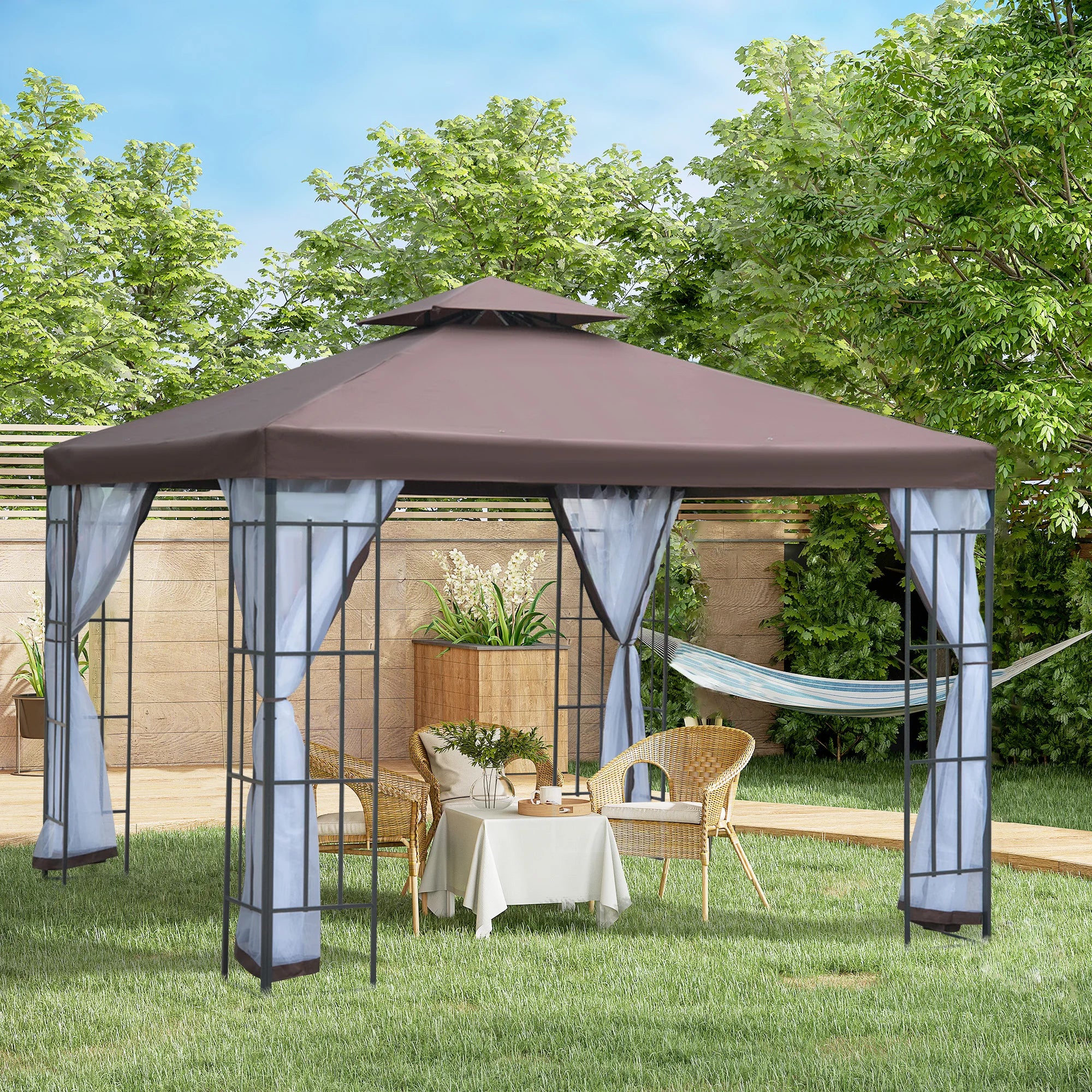 3 x 3m Garden Gazebo with 2-Tier Vented Roof, Mosquito Netting, PA-Coated Canopy and Steel Frame