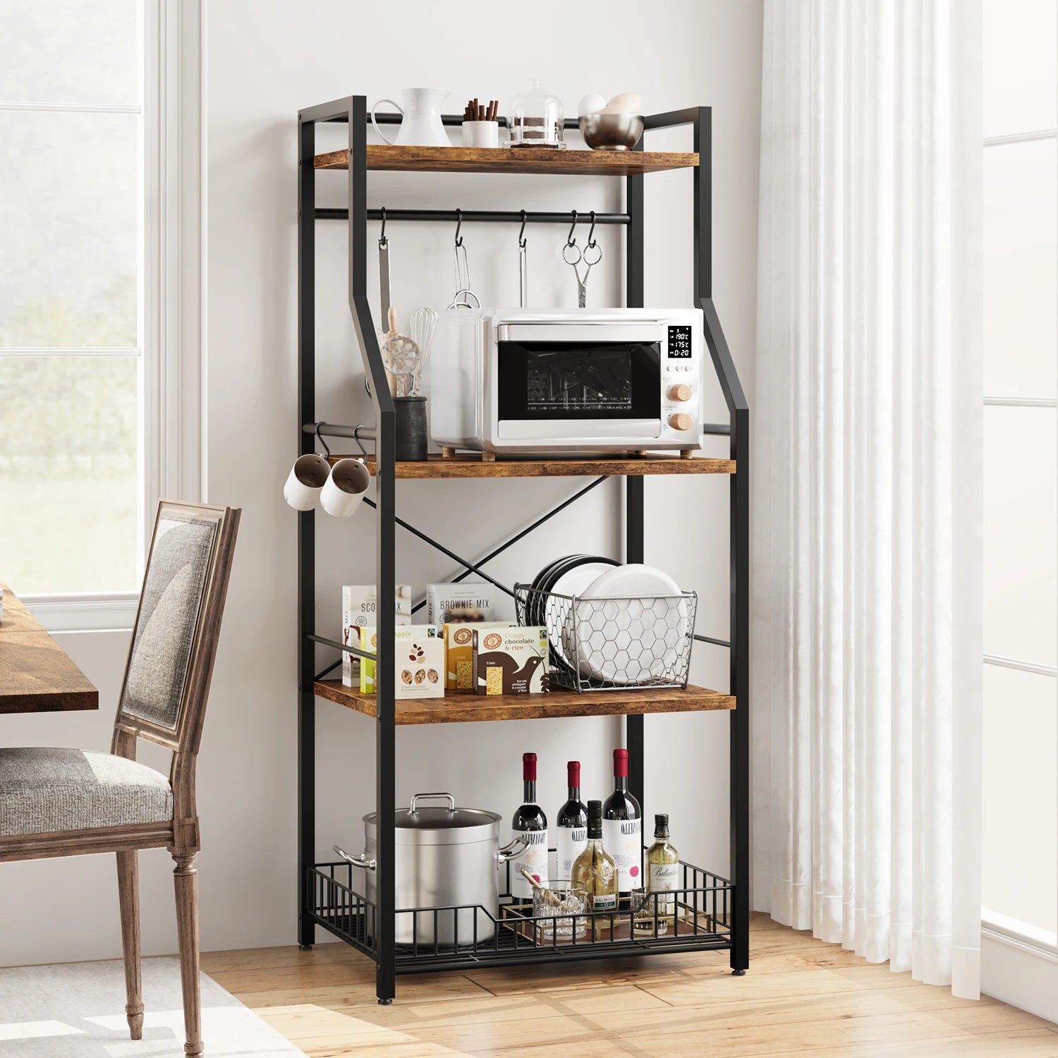 4-Tier Kitchen Bakers Rack with Wire Basket and 8 Hooks | Microwave Stand Coffee Bar Storage Shelf Unit