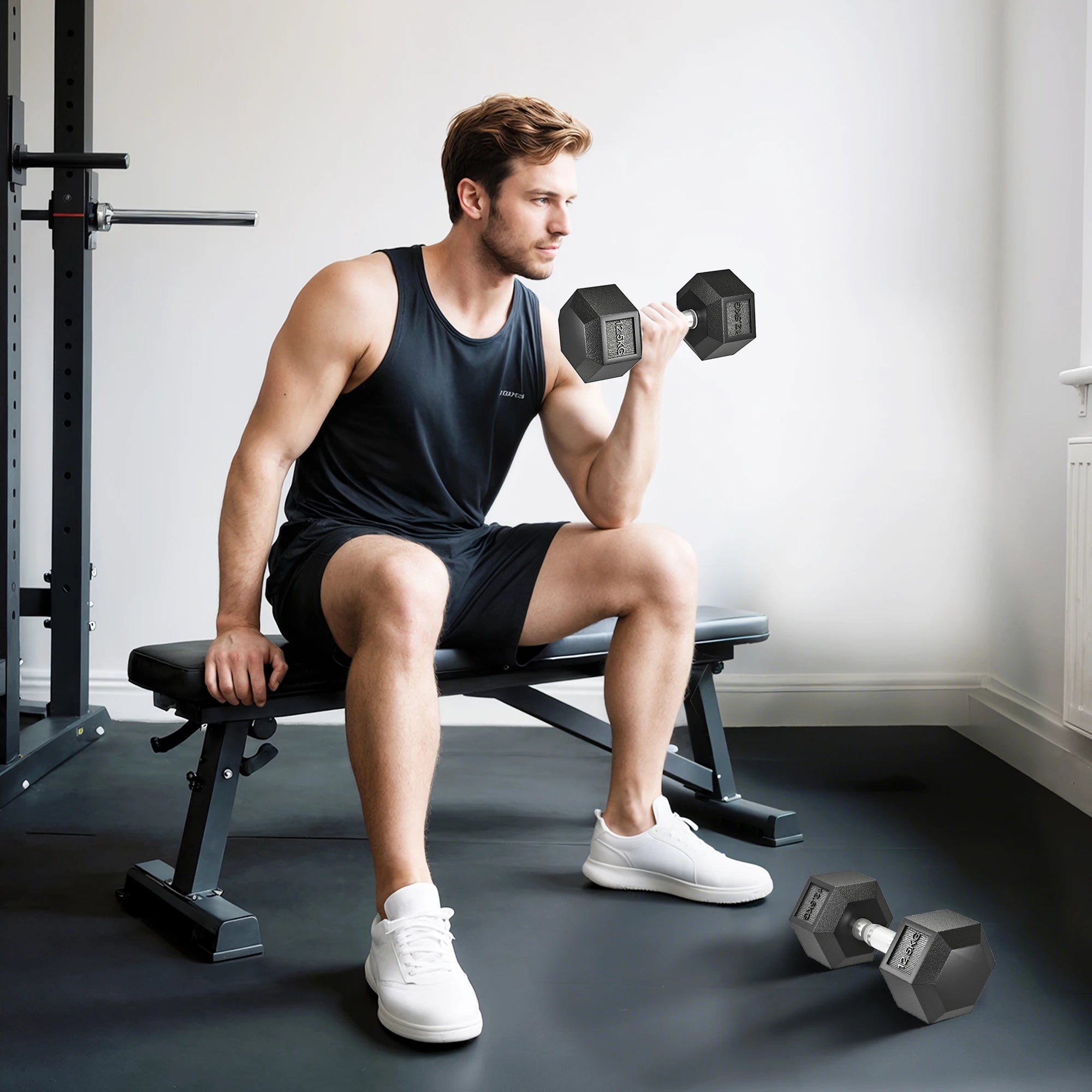 2x12.5kg Rubber Hex Dumbbell Set 25kg Total Steel Knurled Handle Non-Roll for Home Gym Strength Training