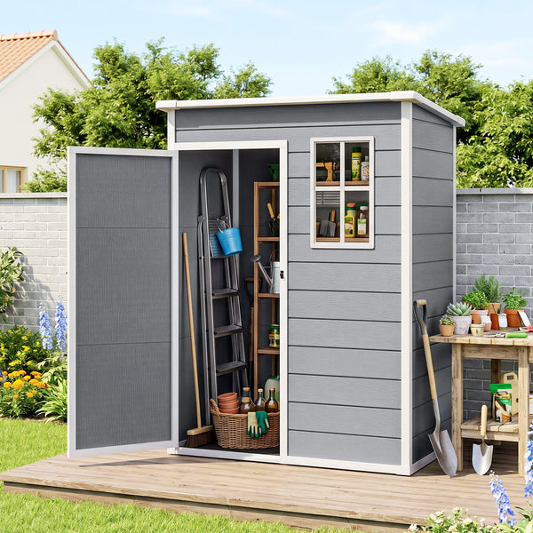 Garden Storage Shed 5x3ft Polypropylene Steel Reinforced with Floor Lockable Door Window and Vents Grey