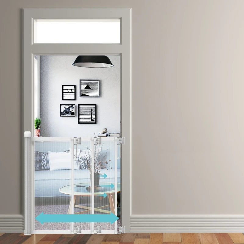 130cm Retractable Dog Gate Adjustable Double Locking System One Hand Operation for Stairs Doorways Kitchen White