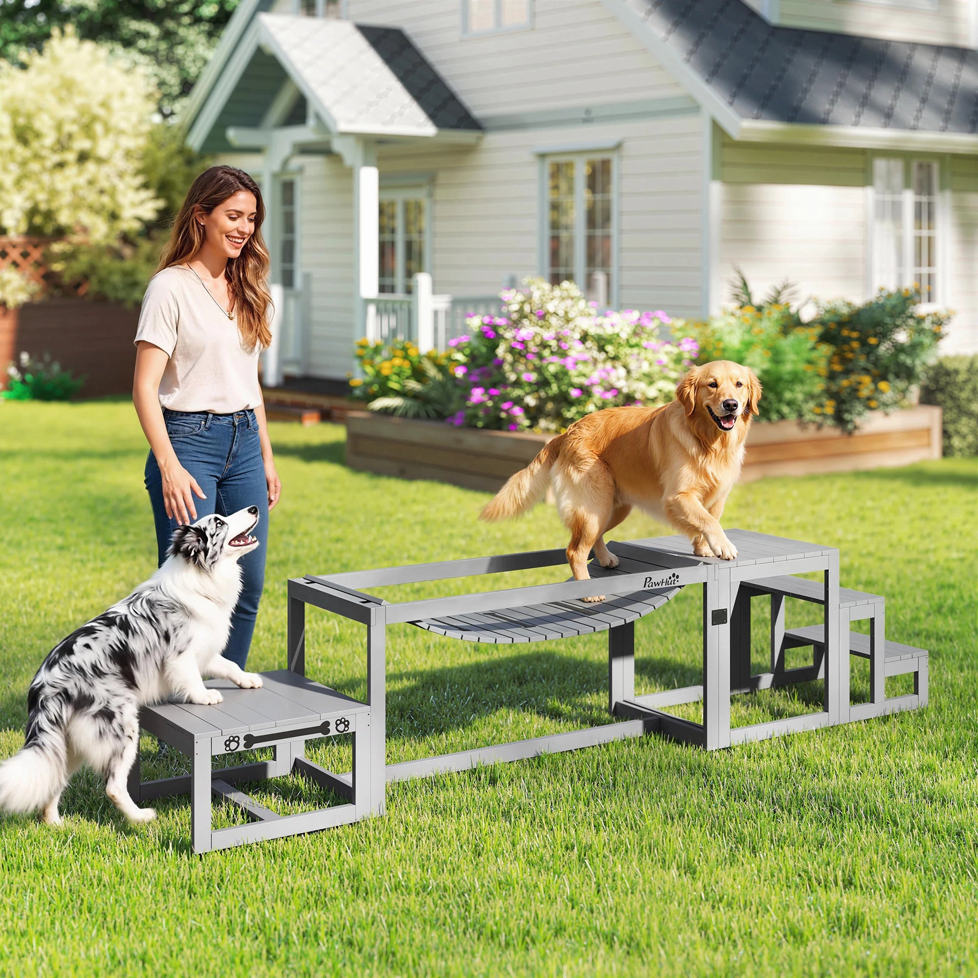 3 Piece Wooden Dog Agility Training Equipment Set with Balance Bridge Pause Platform and Training Stairs for Medium and Large Dogs