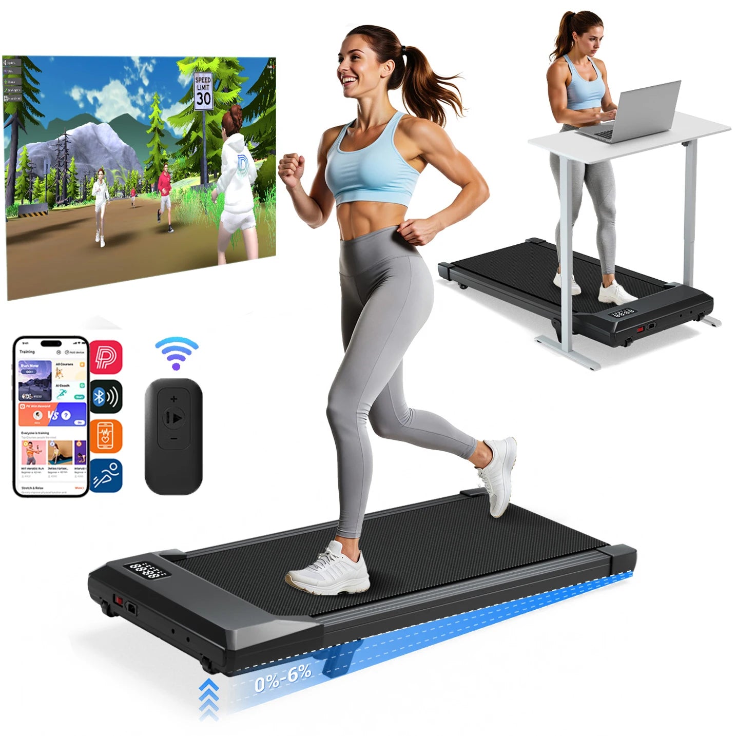 Under Desk Treadmill 6% Slope 2.5HP Quiet Walking Pad Remote Control LED Display 300lbs Capacity