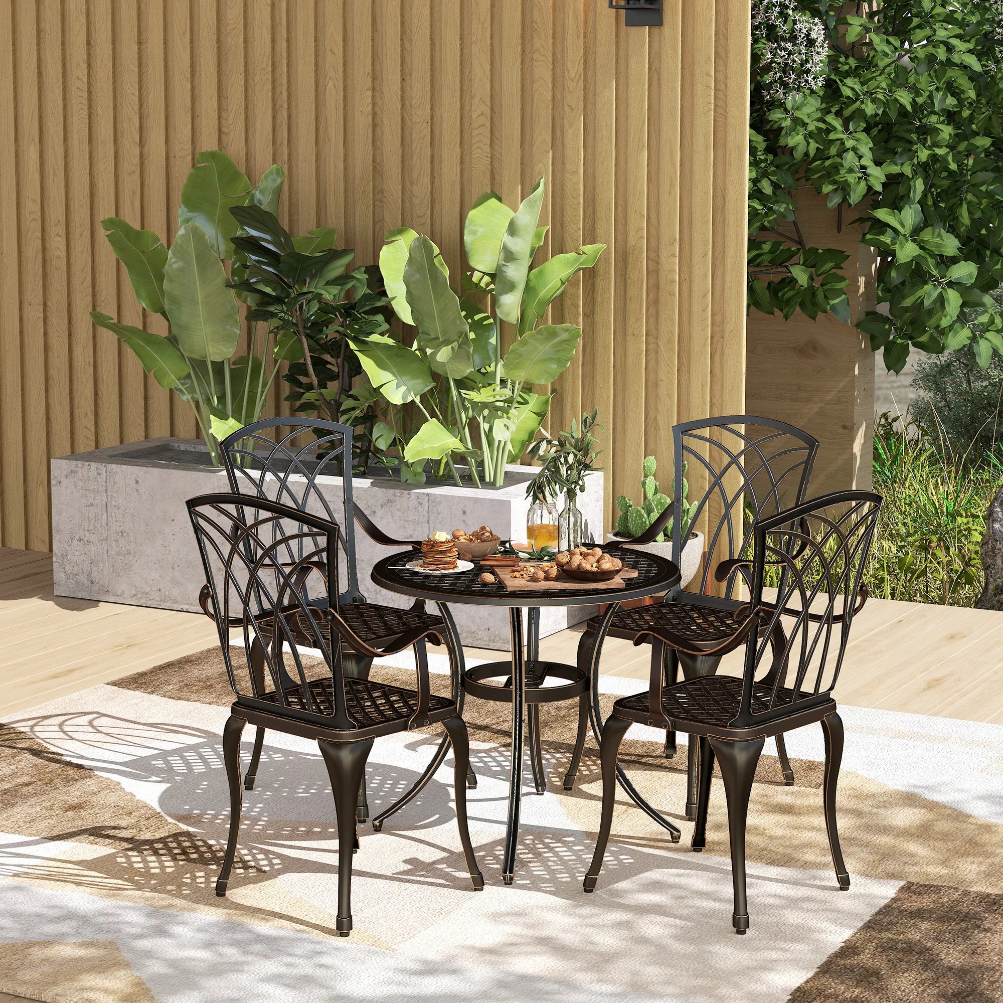 5-Piece Cast Aluminium Garden Dining Set with Round Table, 4 Armchairs and Parasol Hole
