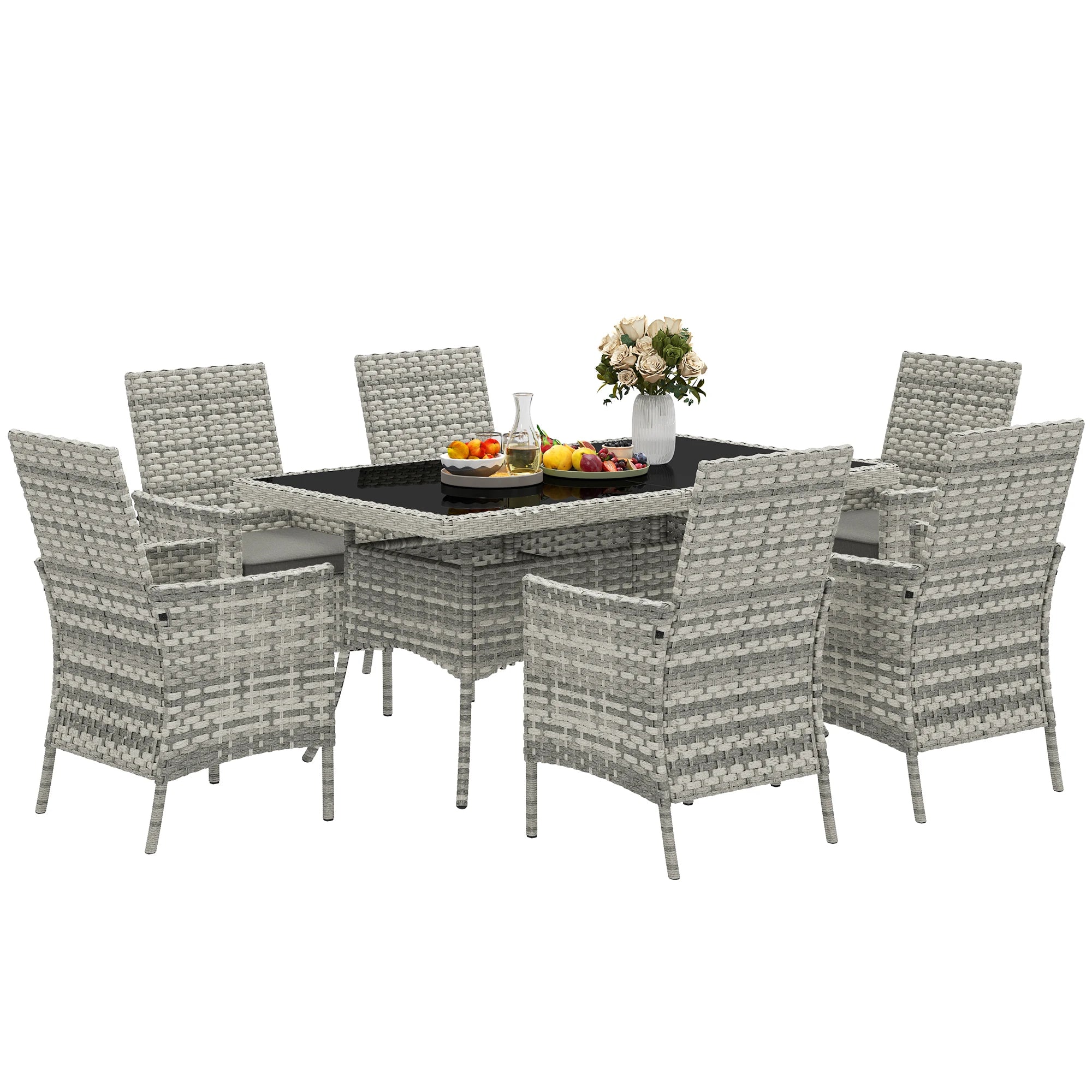6 Seater Rattan Garden Dining Set with Cushions Tempered Glass Table and Steel Frame Outdoor Furniture Set Mixed Grey