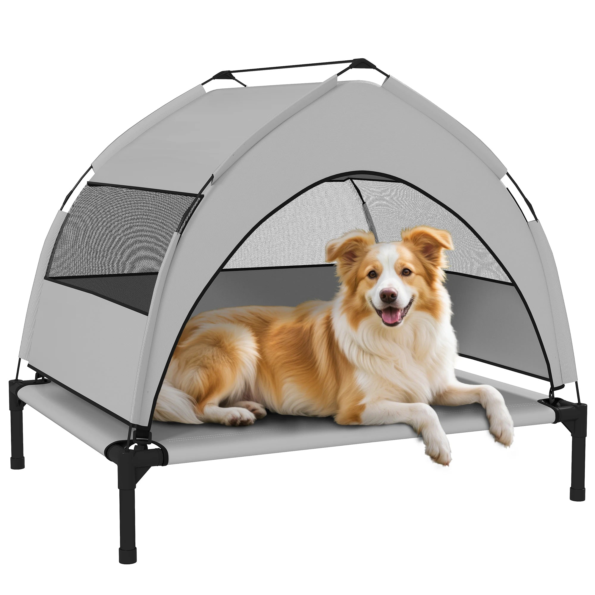 Portable Elevated Dog Bed with Removable Three-Sided Canopy Breathable Mesh and Storage Bag for Indoor and Outdoor Use